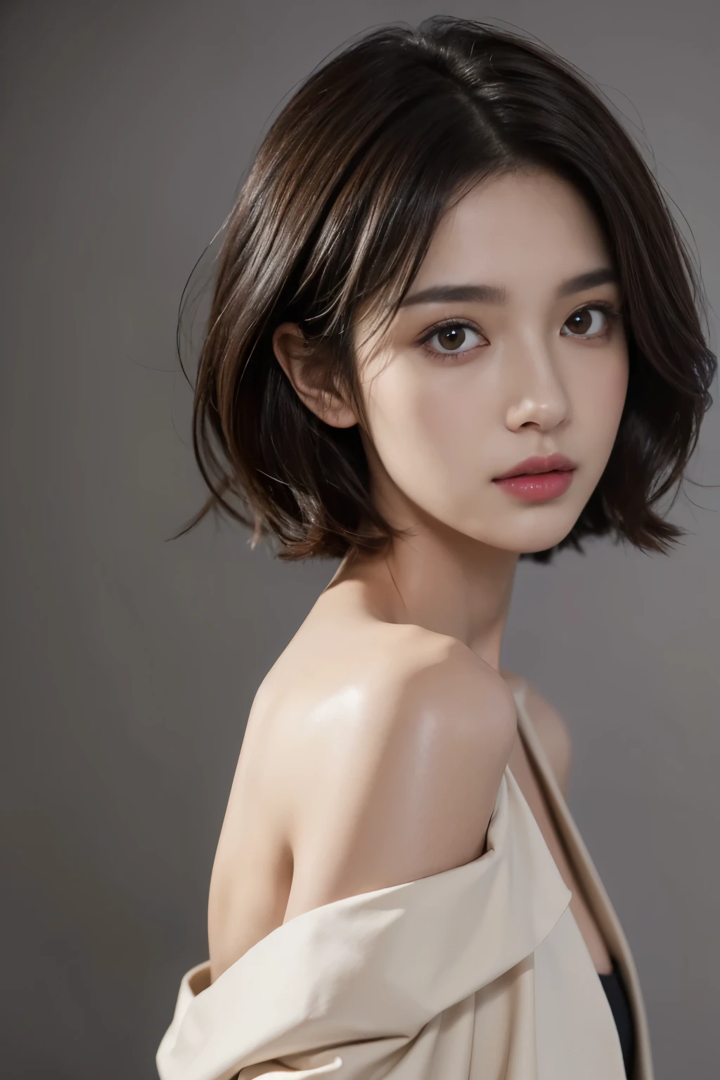 Skinny black top:1.2, looking at the audience, Light, perfect, soft Light, High resolution skin:1.2, Realistic skin texture, 30 years old adult、Small face、No makeup、, Off-shoulder,Bust B cup、 Bare trench coat, Red Eyes, short hair, Dark brown hair,Gray background、