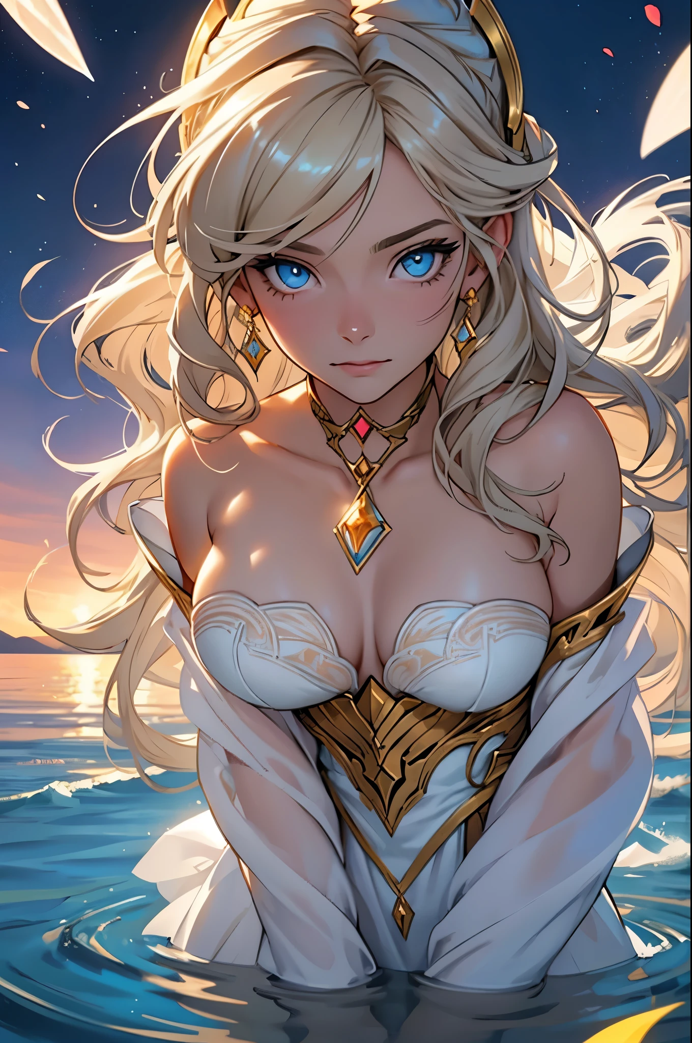    Create a detailed close-up portrait of Ingrid Falk (Freya). She has an oval face with high cheekbones and clear, luminous skin, like marble. Her delicate yet marked facial features are complemented by her intense blue eyes, with a warm, welcoming glow and a depth suggesting wisdom and power. Her long, golden, wavy hair falls in cascades over her shoulders, shining as if bathed in sunlight. Add a subtle golden, ethereal aura with glimmers of light and floating petals around her to emphasize her connection with Freya.