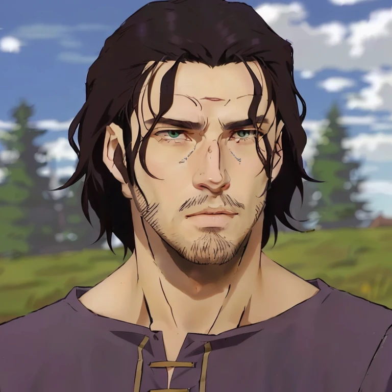 a close up of a man with long hair and a few lightly beard, handsome guy , caleb from critical role, aragorn in an anime world, taisho roman, arsen lupin as a paladin, boromir in an 80\'s anime world, vinland saga, anime handsome man, boromir in an anime world
