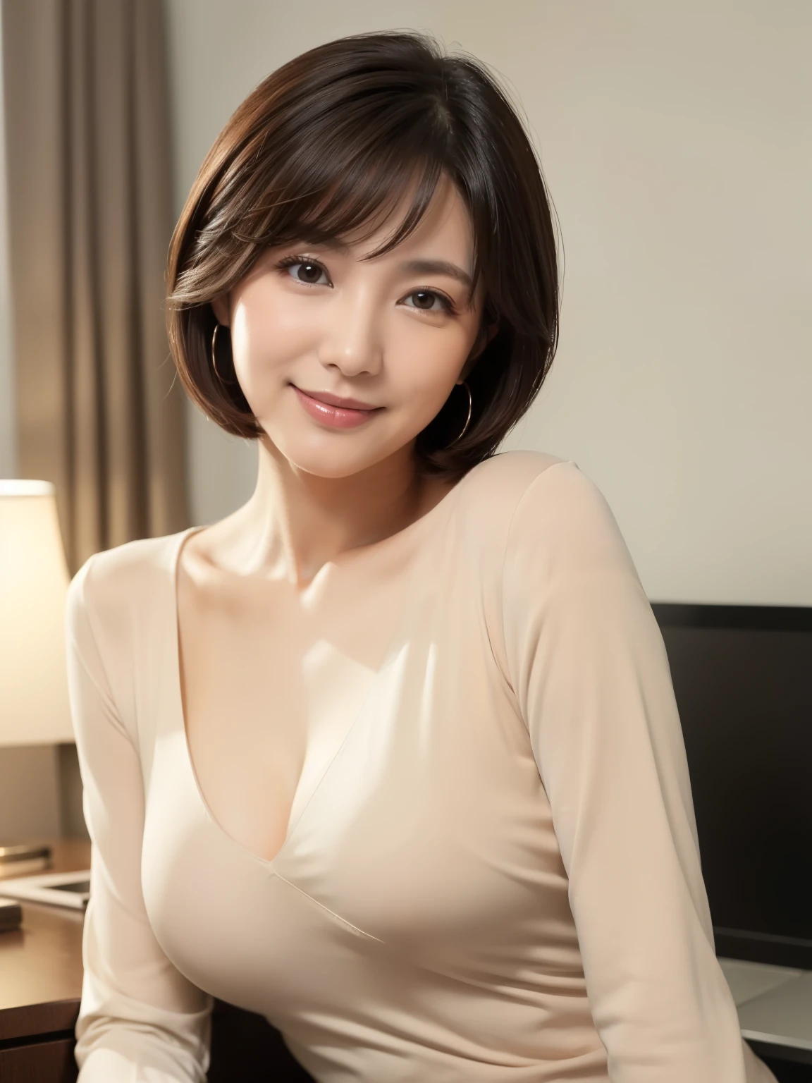 ((masterpiece))、((highest quality))、photograph、reality、High resolution、Super detailed、Mature Woman、50 years old、Delicate facial features、short hair、Realistic background and accessories、Sexy smile、office、standing in front of a desk、A tight, thin, beige long-sleeved T-shirt、((Dark Room))、深いShadow、Bust Shot、Saggy breasts、陰Shadow、Shadow、Heavy and tender breasts、