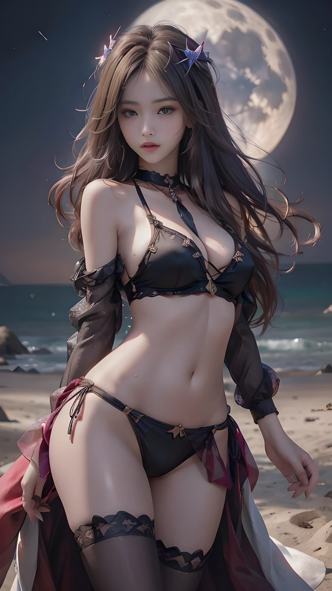 full hd 8k, Girl standing in front of a dark night scene, full moonlight reflecting on her beautiful face. Her long, silky hair was gently blown by the night wind, creating a gentle and romantic feeling. She is walking on a large beach. She looked up at the starry sky, as if searching for something, her eyes showing a pensive and lonely look. The full moon shines in the night sky creating a beautiful scene. The girl has long, silky hair, creating a luxurious and noble beauty. The moonlight shines on the girl's delicate face, highlighting her large, round light brown eyes, creating a natural, gentle beauty. She wore a little sexly red bikini to create a sexy beauty. Her plumble breasts were exposed, revealing her plumble and extremely sexy breasts. These images capture detailed panoramic portraits and views of the sky and sea. All create a beautiful, wonderful picture that makes people unable to take their eyes off the scene. All of these details are depicted clearly and sharply, creating sexyly poses,