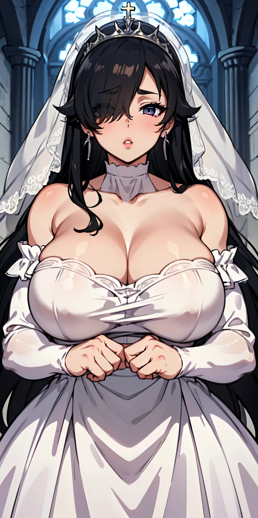 Off-the-shoulder white wedding dress, Snow White Veil, choker, silver tiara, necklace, earrings, church background, kanu unchou, anime cels style, best quality, high resolution, 1girl, (huge breasts:1.2), beautiful face, black hair, long hair, ((hair over one eye)), closed eye, puckered up lips, want to kiss