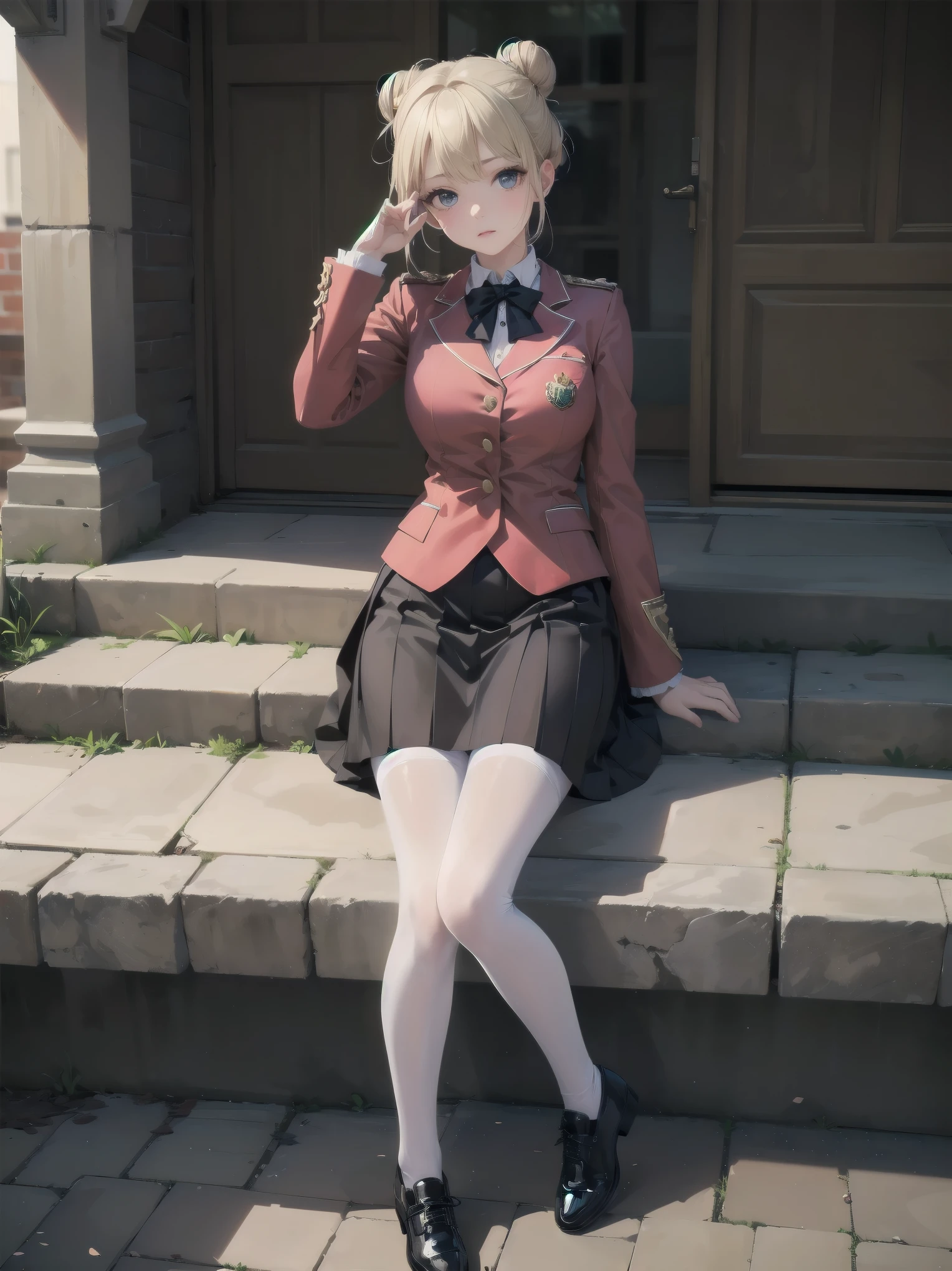 Masterpiece, high quality, high resolution, perfect face, realistic skin texture, young girl, alone, solo, lolita, chibi, marquise daughter, daughter fashion, feminine fashion, focused gaze, bangs, skirt, long sleeves, uniform, full body, black pantyhose, outdoor, shoes, seraphook, bangs, blurred, stylish skirt, Black pantyhose, hair in a bun, unusual nostalgic view of the world, fine cobblestones, distant background, artistic shading, best illustration of a beautiful woman, resting head, girl making a mocking gesture, movie scene, expressive  actor