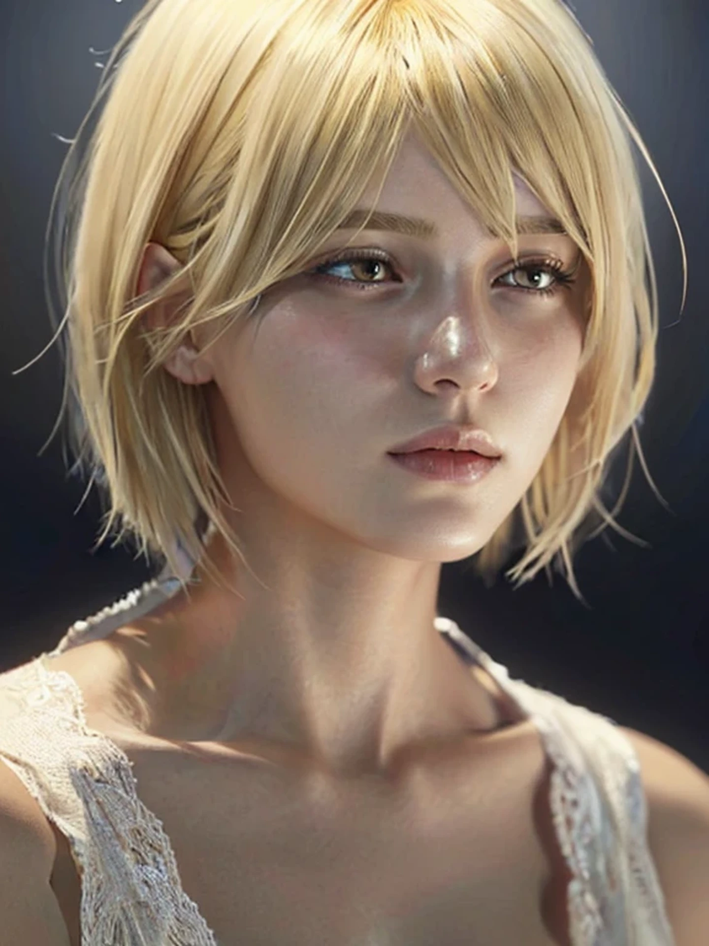 Close-up head, To the camera, Realistic digital painting of a woman portrait, Shy, open mouth to say something, sad, (short Hair:1.1), (Blonde Hair:1.3), (Highly detailed skin:1.2), Mystical style, Global Illumination,