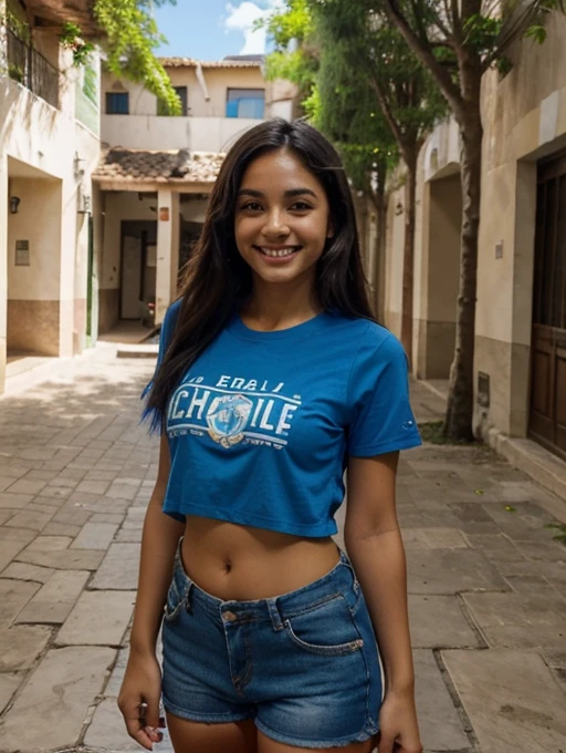 Morena de 30 anos com sorriso atrevido com short azul escuro e camisa branca , landscape courtyard of a university it is daytime
