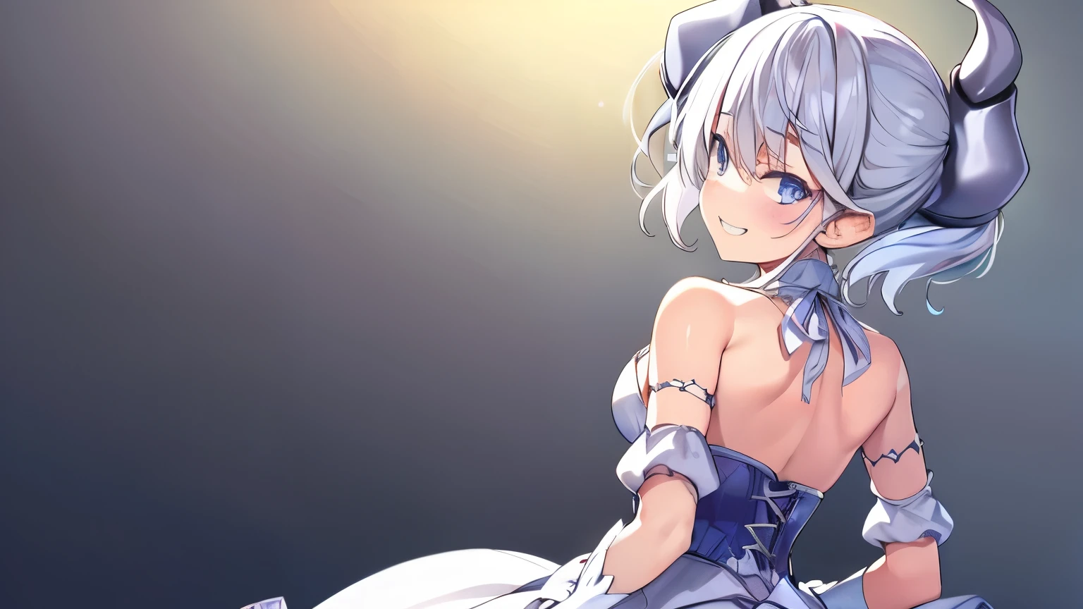 (Loli:1.2), 1 Girl, Silver Short Hair, Silvery horns,  White Dress, White Cape, bulging sleeves, White Gloves, White Stockings, Silver Corset, White long skirt, 

smile、Grin、
Black Background、Simple Background、

(From the back)、Upper Body、
Depth of written boundary、
((highest quality, High resolution, Perfect Pixel, 4k)), (1 girl), (Beautiful Anime Girls), Watching the audience, Perfect body, Detailed eyes、