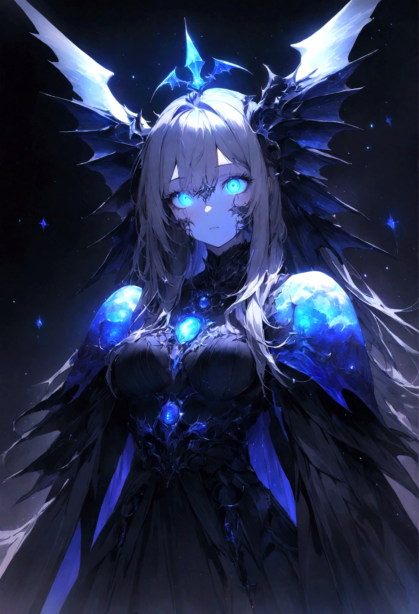 黒いCat、青い綺麗な瞳のCat、Black crown、Black and blue vampire wings、Glare、Rin々Funny face、beautiful、blue Moon、Lots of blue light、ファンタジー黒Cat,Facial close-up enhancement,AmbiLight,The colors are vivid and bright,Black background,haze,Detailed depiction,Rich details,Explosion of imagination,Surreal,Ultra-realistic,masterpiece,8k,Light,Tyndall Effect: Fallen Angel of the Universe, Glowing Eyes, Biomechanical, spooky, Spooky, Nightmare, Very bright color, Light Particles, The light shines, Musif, Wallpaper Art, UHD Wallpaper Cat