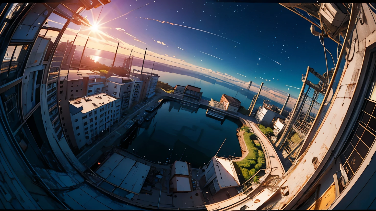 (Fish-eye),Icon, Logo, Very Wide White Background, Extreme Quality, Masterpiece, 8k, Depth of Field, Complex Detail, (No People), Very Large Margin, Lots of Text, Corporate Logo, Space, Emblem, Movie Poster-Like, Fisheye, (Abandoned Factory), (Lots of Wires), Spacecraft, Moon, Sun Flare, (sunset),