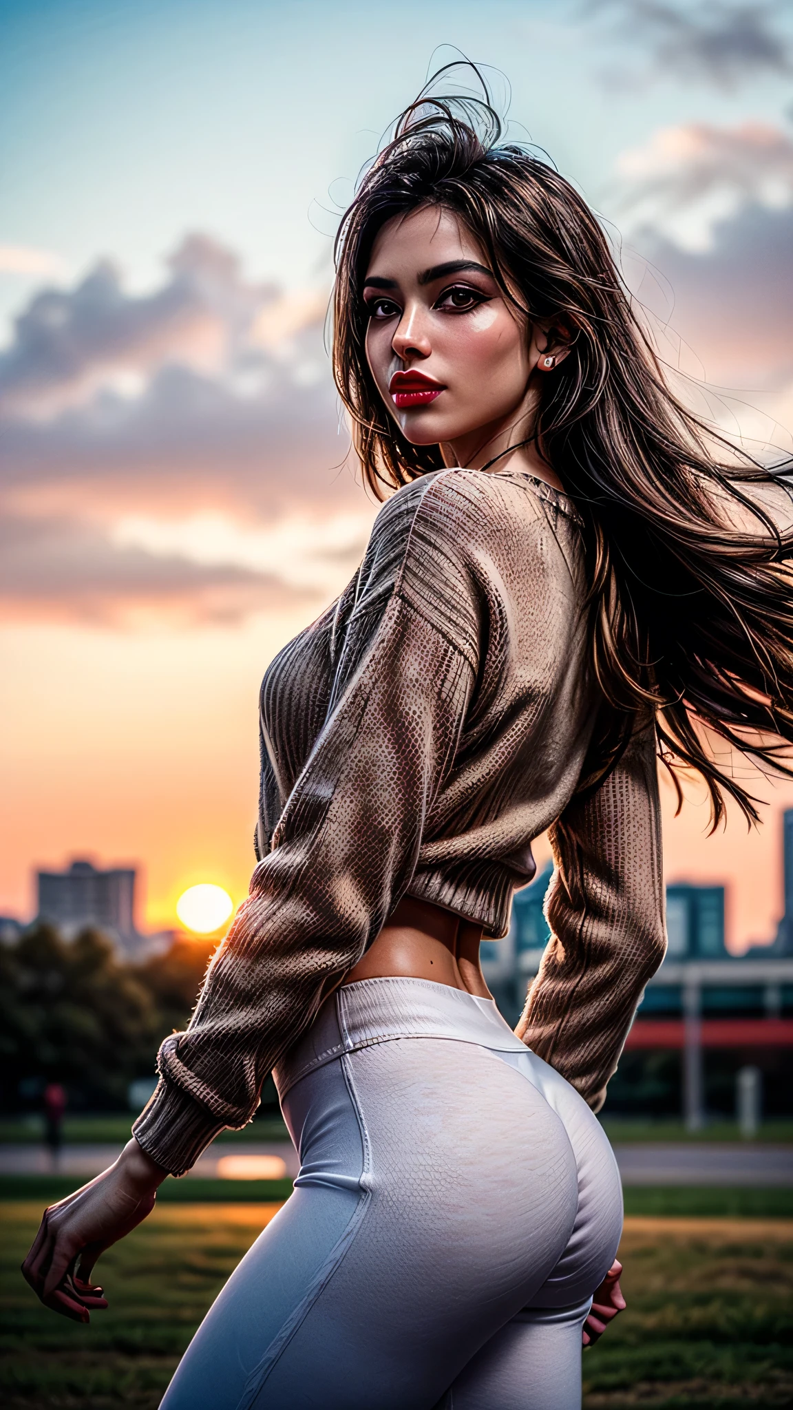 ((best quality: 1.5)) ((masterpiece)), intricate details, sharp focus, professional, ((detailed (((babe, ([flat chest:medium breasts:0.6], (soft pink jumper, white yoga pants)), blackout eye makeup: 0.8), straight hair [dark hair:blond hair:0.7], blowing, wind, sultry, shadows, red lipstick, outdoors, faraway city park, bokeh, sunset)), professional lighting, photon mapping, radiosity, physically based rendering, ultra resolution, hyper-realistic)), photorealistic:1.4, hyper-realistic, 8K
