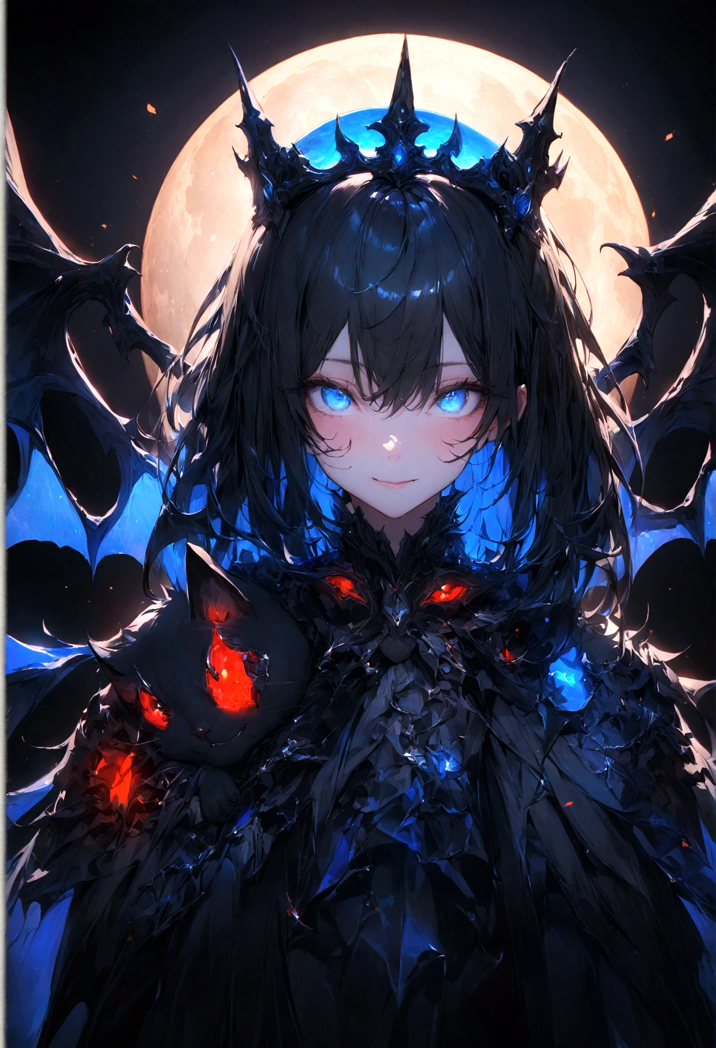 animal、Cute black cat、Beautiful blue eyed cat、Black crown、Black and blue vampire wings、Glare、Rin々Funny face、beautiful、blue Moon、Lots of blue light、Fantasy black cat，Facial close-up enhancement，AmbiLight，The colors are vivid and bright，Black background，haze，Detailed depiction，Rich details，Explosion of imagination，Surreal，Ultra-realistic，masterpiece，8k，Light，Tyndall effect