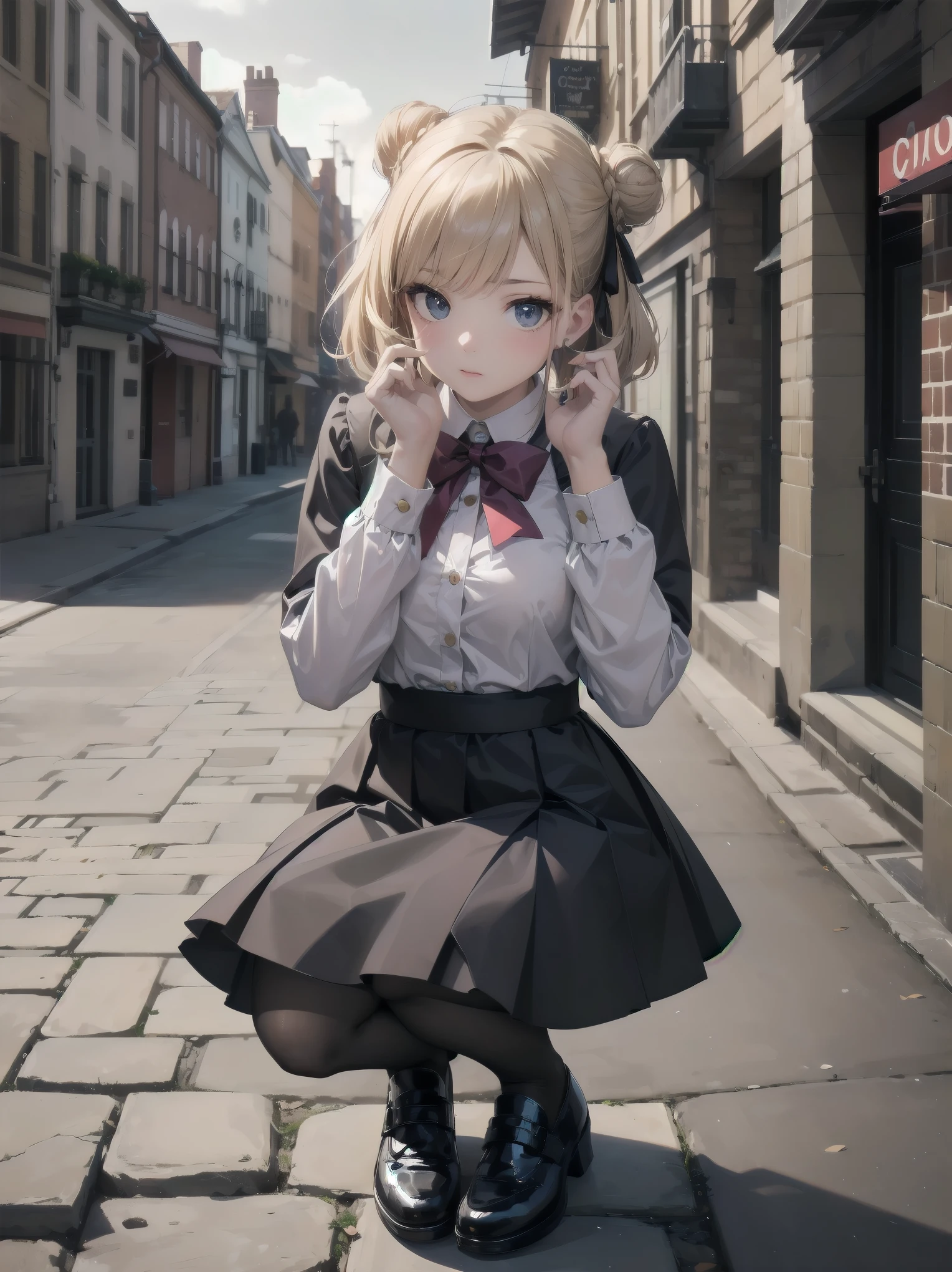 Masterpiece, high quality, high resolution, perfect face, realistic skin texture, young girl, alone, solo, ta, chibi, marquise daughter, daughter fashion, feminine fashion, focused gaze, bangs, skirt, long sleeves, uniform, full body, black pantyhose, outdoor, shoes, seraphook, bangs, blurred, stylish skirt, Black pantyhose, hair in a bun, unusual nostalgic view of the world, fine cobblestones, distant background, artistic shading, best illustration of a beautiful woman, resting head, girl making a mocking gesture, movie scene, expressive actor