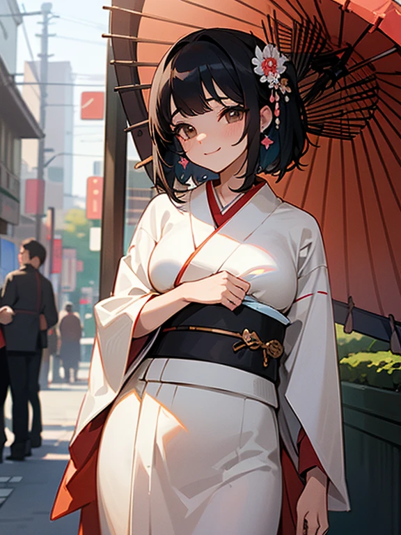 ((masterpiece)), ((best quality)), (ultra-detailed), ((kawaii)), cute, (lovely), ((sexy)), (ero), ((extremely detailed)), 4K, (8K), best quality, (beautiful), in the middle, city, town, daytime, a pretty woman, solo, kimono, japanese cloth, beautiful black hair, beautiful brown eyes, ((beautiful eyes)), white-skinned, medium hair, forehead,large breast, hair ornaments, earrings, smile,standing