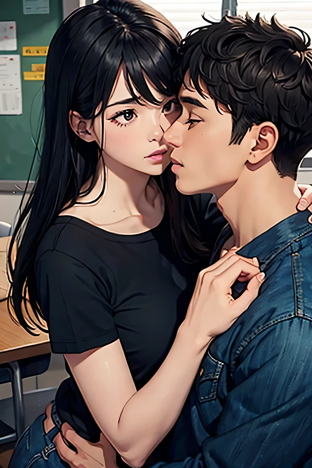 Amazing portrait of a sexy teacher wearing a shirt and jeans kissing and making out passionately with her male student in an empty classroom in an intimate setting