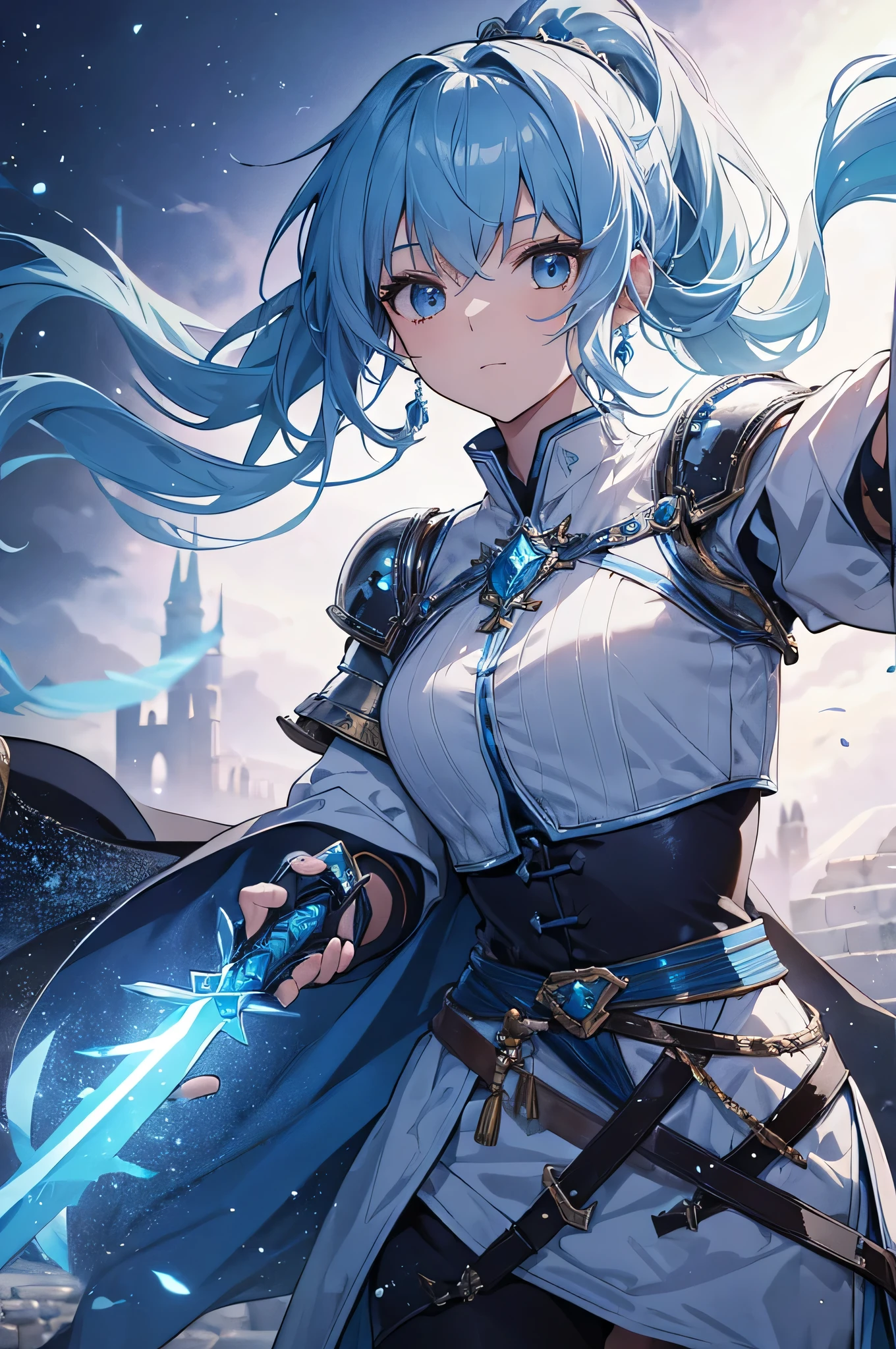 4k,High resolution,One Woman,Light blue hair,Long Ponytail,knight,Crystal Armor,knight&#39;s shoes,Jewelry decoration,Long sword,Medieval castle town