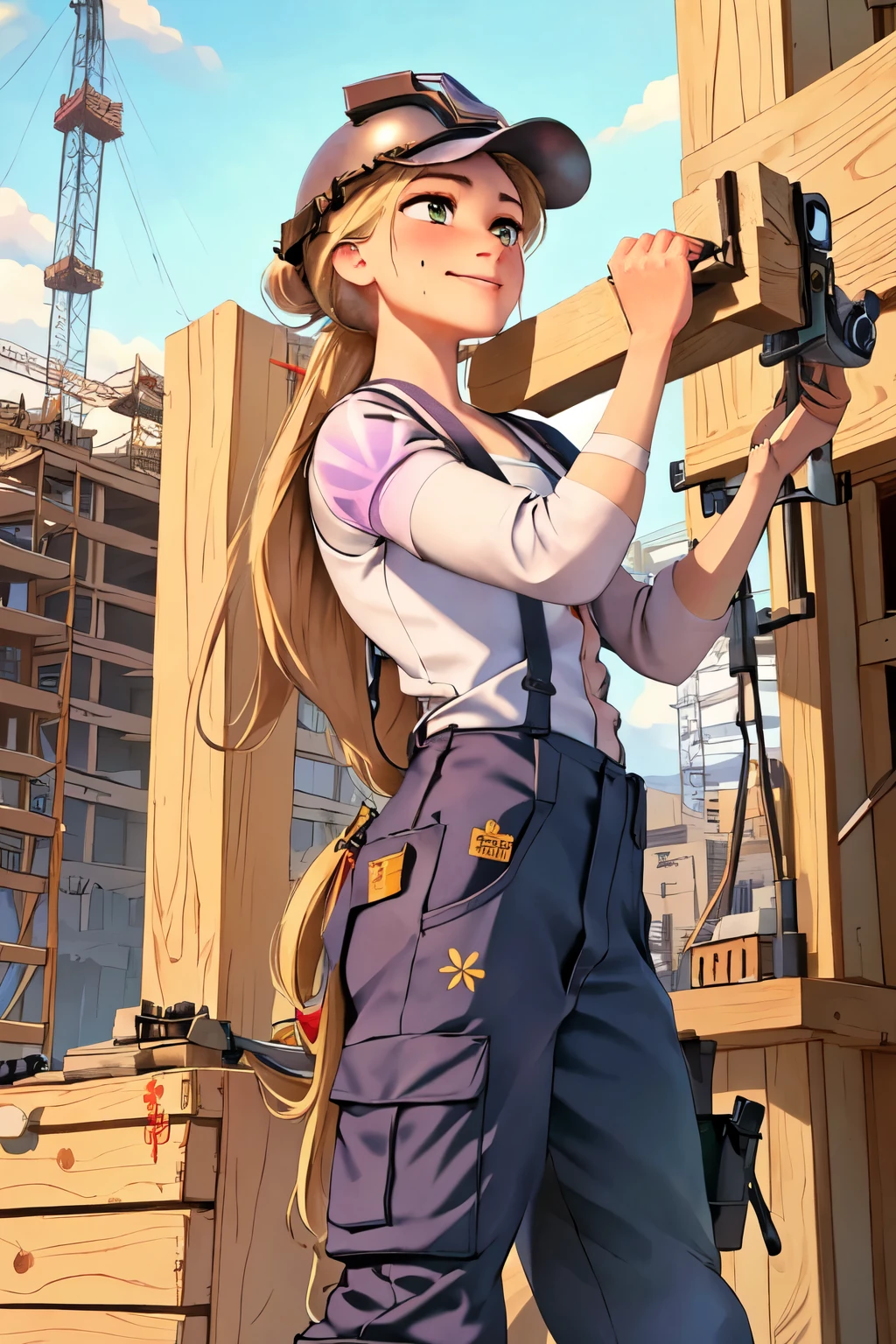 (masterpiece:1.2), (best quality), (ultra detailed), (8k, 4k, intricate),(highly detailed:1.2),(detailed face:1.2), (highly detailed background of construction site wth rebar and cranes),(portrait),detailed landscape,(action pose:1.2),rapunzel  1girl, solo, long hair, looking away from viewer, smile, blonde hair, long sleeves, dress, walking with urgency, side profile of entire body walking, side view of face, very long hair tied up, green eyes, carpenter, woodworker, construction worker, contractor 

Rapunzel portrayed as a construction worker, carrying a large long wooden beam on her shoulder, dressed in carpenters attire, baggy cargo overalls, suspenders, tools in pockets, safety goggles, work gloves, wearing a hardhat/safety helmet, durable work boots, knee pads, bandana, tattoos with floral and sun motifs visble, sweating from brow, determined smirk, holding woodworking tools, working on a construction site, tools and machinery are visble, curvy, beautiful 