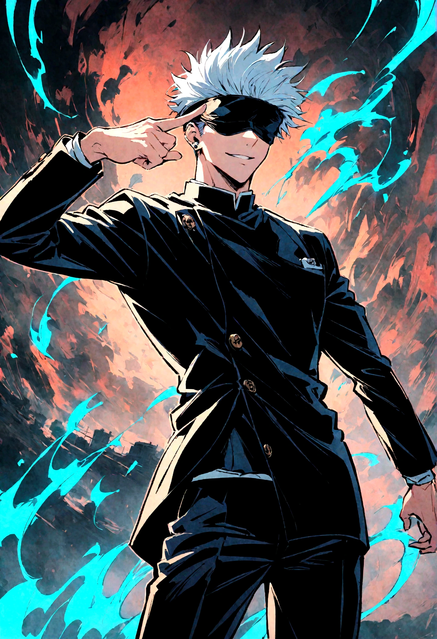 1 male,Gojo Satoru,Jujutsu Sea Battle,,Create an image of Gojo Satoru from the manga 'Jujutsu Sea Battle' by Gege Akutami. Gojo is a tall guy., Slender man，With white hair, Often wears a black eye mask or sunglasses. He exudes confidence and charm, Frequent relaxed smiles or defiant expressions. Capturing his dynamic poses, May raise one hand and point with one finger. The background should depict a modern cityscape or a battle scene with a spinning energy effect. Include special effects like blue aura or energy waves to emphasize his power, When he took off his blindfold，His piercing blue eyes sparkled. Be sure to highlight his stylish outfits and theatrical vibe.,Ishida Sui&#39;s style,Intricate details,Detailed depiction of hair,Use black and white as the main colors,decadent,artwork,Perfect anatomical structure,Anatomically correct,