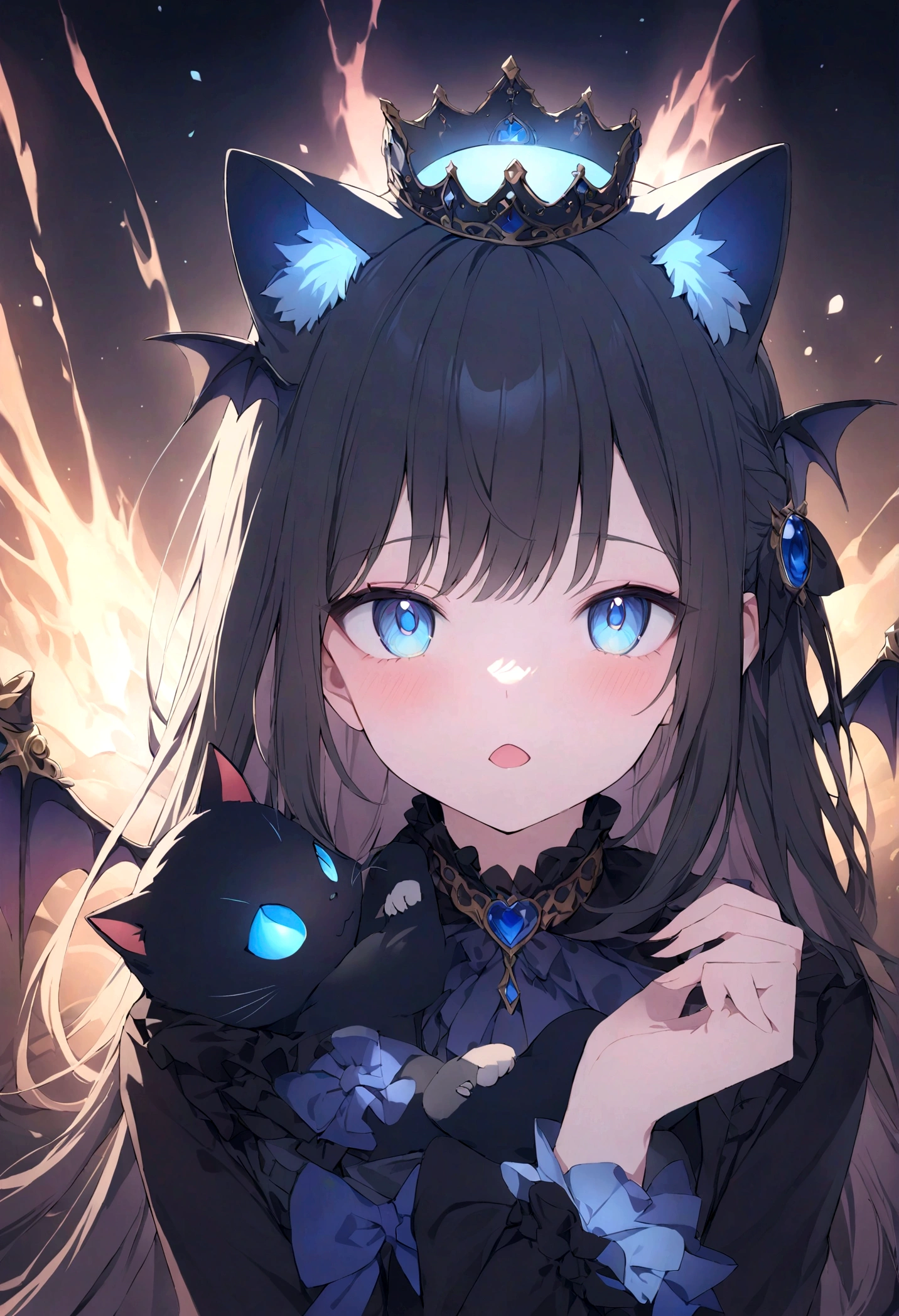 animal、Cute black cat、Beautiful blue eyed cat、Black crown、Black and blue vampire wings、Glare、Rin々Funny face、beautiful、blue Moon、Lots of blue light、Fantasy black cat,Facial close-up enhancement,AmbiLight,The colors are vivid and bright,Black background,haze,Detailed depiction,Rich details,Explosion of imagination,Surreal,Ultra-realistic,masterpiece,8k,Light,Tyndall effect