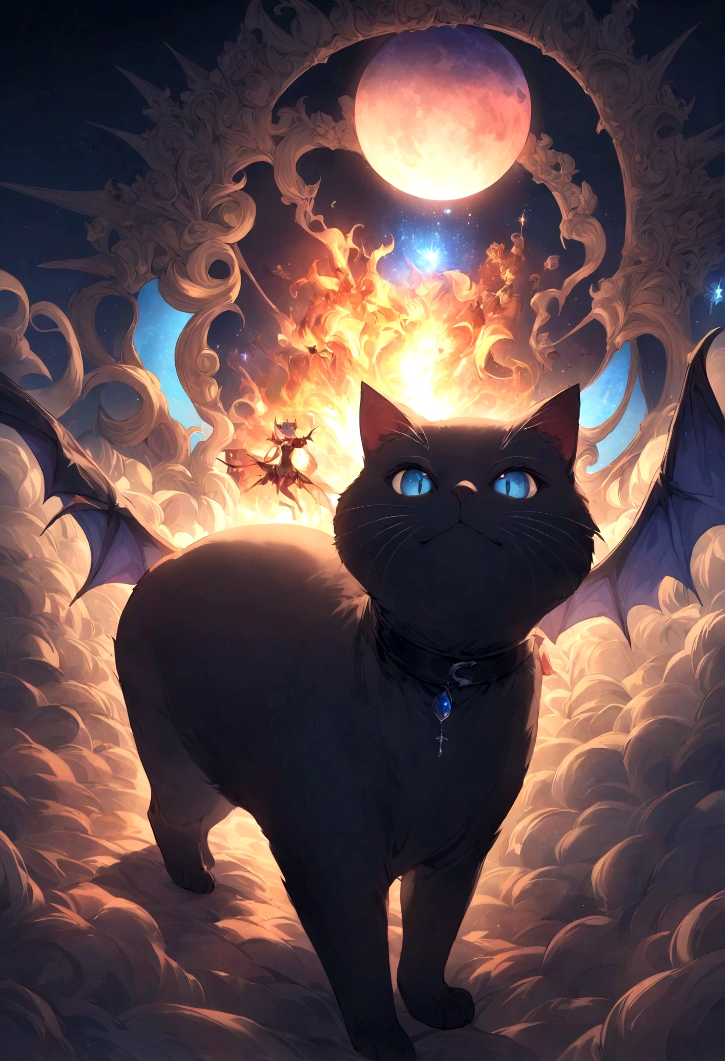 animal、Cute black cat、Beautiful blue eyed cat、Black crown、Black and blue vampire wings、Glare、Rin々Funny face、beautiful、blue Moon、Lots of blue light、Fantasy black cat,Facial close-up enhancement,AmbiLight,The colors are vivid and bright,Black background,haze,Detailed depiction,Rich details,Explosion of imagination,Surreal,Ultra-realistic,masterpiece,8k,Light,Tyndall effect