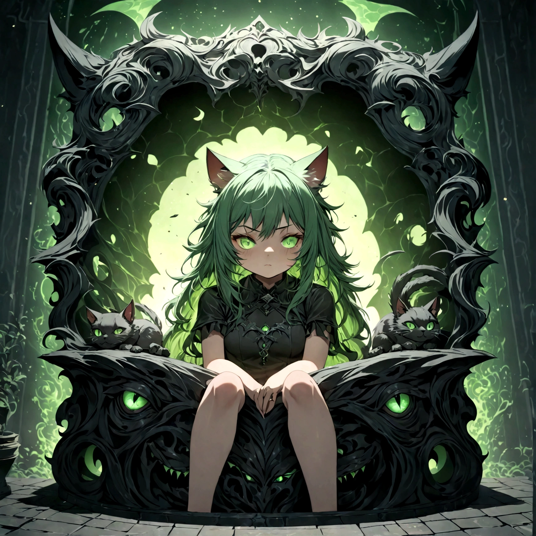 a cute sleepy cat girl with green hair, demonic aesthetics, sitting in a demonic looking box, extremely detailed face and eyes, detailed intricate hair, intricate demonic design, dark fantasy, dramatic lighting, moody colors, cinematic composition, photorealistic, 8k, high quality, masterpiece