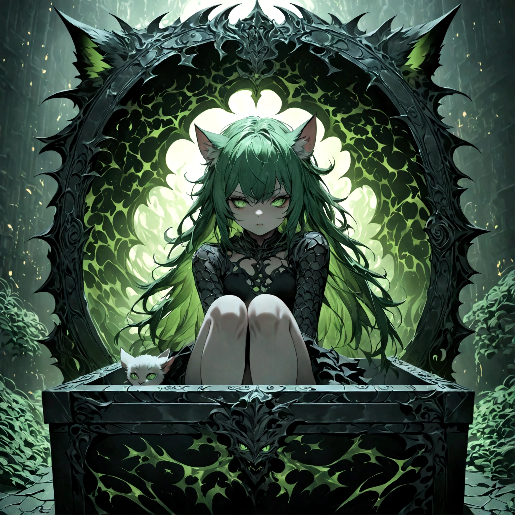 a cute sleepy cat girl with green hair, demonic aesthetics, sitting in a demonic looking box, extremely detailed face and eyes, detailed intricate hair, intricate demonic design, dark fantasy, dramatic lighting, moody colors, cinematic composition, photorealistic, 8k, high quality, masterpiece