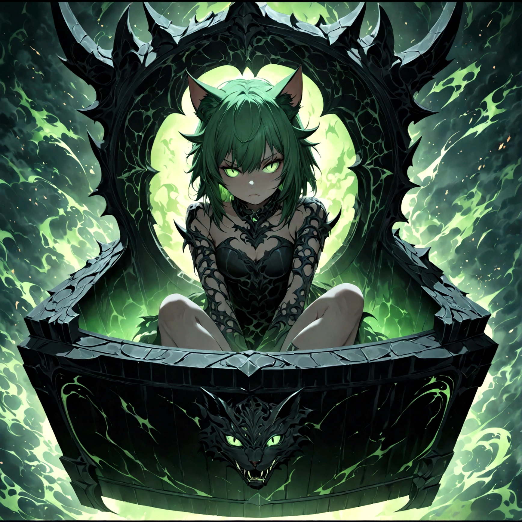 a cute sleepy cat girl with green hair, demonic aesthetics, sitting in a demonic looking box, extremely detailed face and eyes, detailed intricate hair, intricate demonic design, dark fantasy, dramatic lighting, moody colors, cinematic composition, photorealistic, 8k, high quality, masterpiece