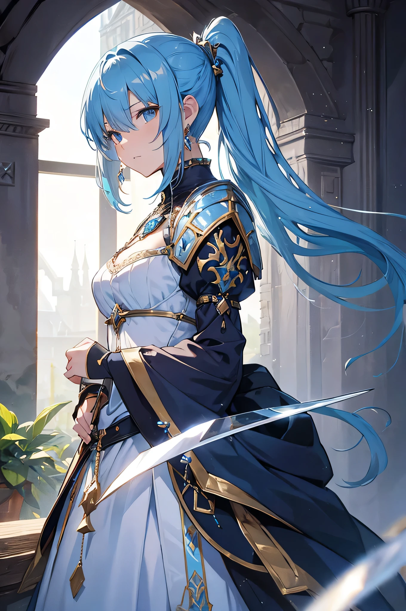 4k,High resolution,One Woman,Light blue hair,Long Ponytail,knight,Crystal Armor,knight's shoes,Jewelry decoration,Long sword,Medieval castle town