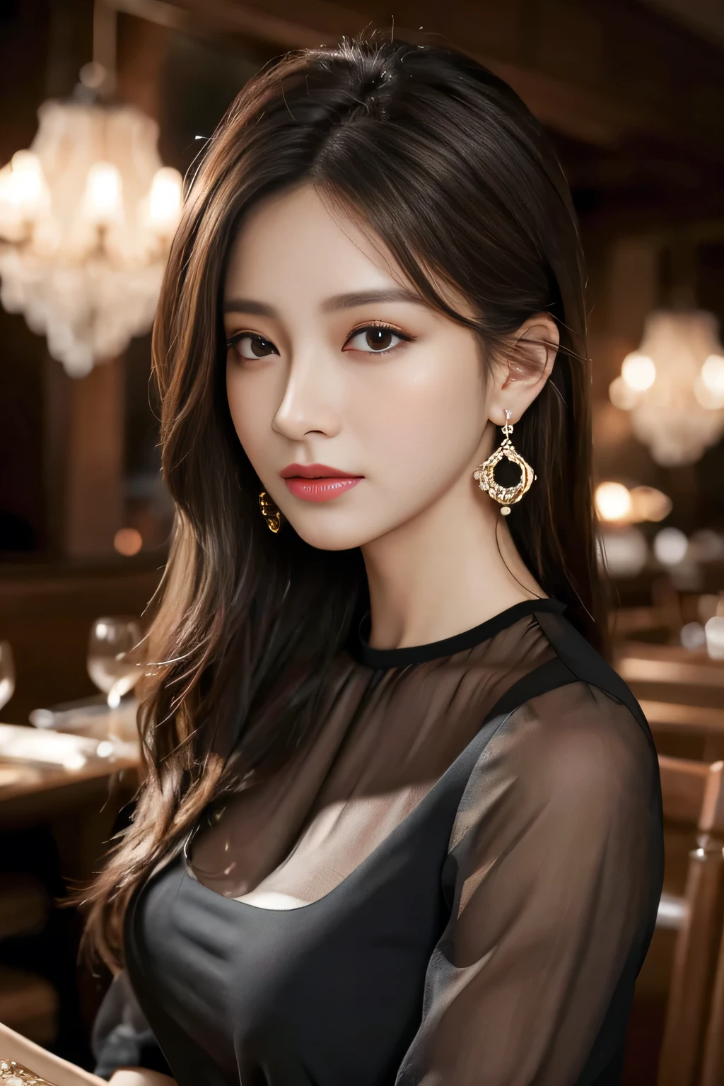 masterpiece, highest quality, Realistic, Very detailed, Finer details, High resolution, 8k wallpaper, One beautiful woman, Wear an elegant black see-through blouse, In a great restaurant, At night, Light brown messy hair, Perfect dynamic composition, Beautiful and beautiful eyes、Big earrings、No sleeve、