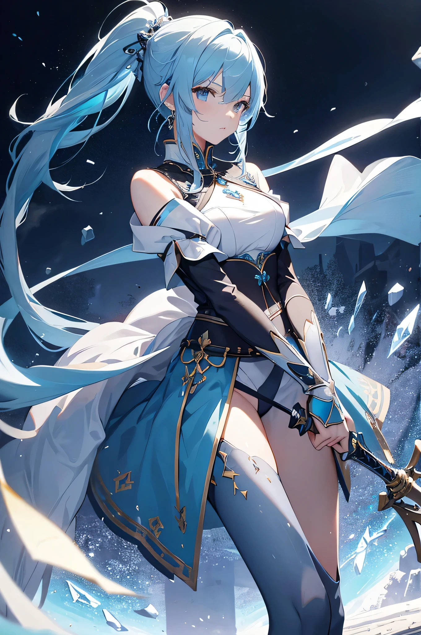 4k,High resolution,One Woman,Light blue hair,Long Ponytail,knight,Crystal Armor,knight's shoes,Jewelry decoration,Long sword,Medieval castle town