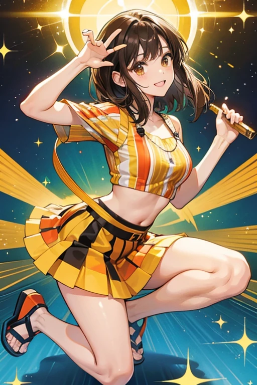 She has short, dark brown hair with fringes. She also wears a stripy yellow and orange top, a white skirt and sandles. SPARKLE; GLITTER