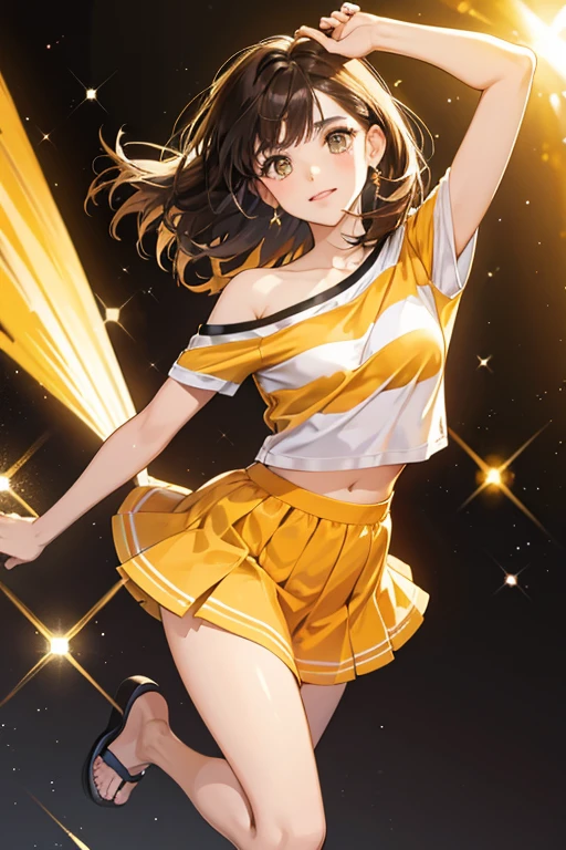 She has short, dark brown hair with fringes. She also wears a stripy yellow and orange top, a white skirt and sandles. SPARKLE; GLITTER