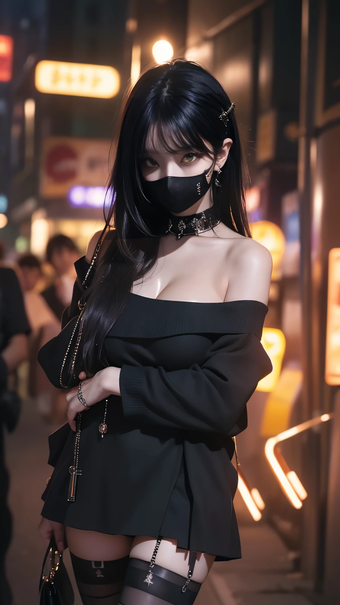 Cinematic lighting、(key light:Front diagonal 45 degrees, fill light、Backlight、shadow、blue and orange color palette), accurate human body、detailed person、Correct five-finger、RAW photo、4K - ultra-vivid、highest quality, masterpiece, ultra high resolution, (reality: 1.4),
(((oil skin,sparkling skin、realistic skin texture、detailed beautiful skin、shiny skin、shiny skin)))、
beautiful young, 19 year old girl, attractive girl, cool girl、Girl、mini skirt、black mask、((赤いdark makeup))、((big breasts)) 、 1 girl, purple eyes, Off-the-shoulder sweater dresses, cinematic lighting、purple and black hair、(Mine Girl、goth makeup、my makeup)、(pierced ears、big breasts、Oversized black T-shirt with open shoulders、Dark mini skirt)、((dark makeup、oil skin,glowing skin、realistic skin texture、fine and beautiful skin、shiny skin)), dark downtown area at night、kabukicho、Dark Cyberpunk、(full shot:1.8)、thin legs、thin arms、thin shoulders、thin waist、slender body、big breasts、whole body