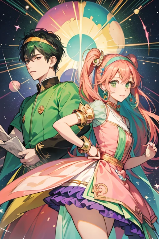 Izumitchi is made entirely of glass. They have a round blue head with multiple peach, purple, and green decorations sticking out of it. They wear a peach colored dress and a headband made out of multicolored spheres and diamonds. The collar on their dress and their arms are green. SPARKLE; GLITTER