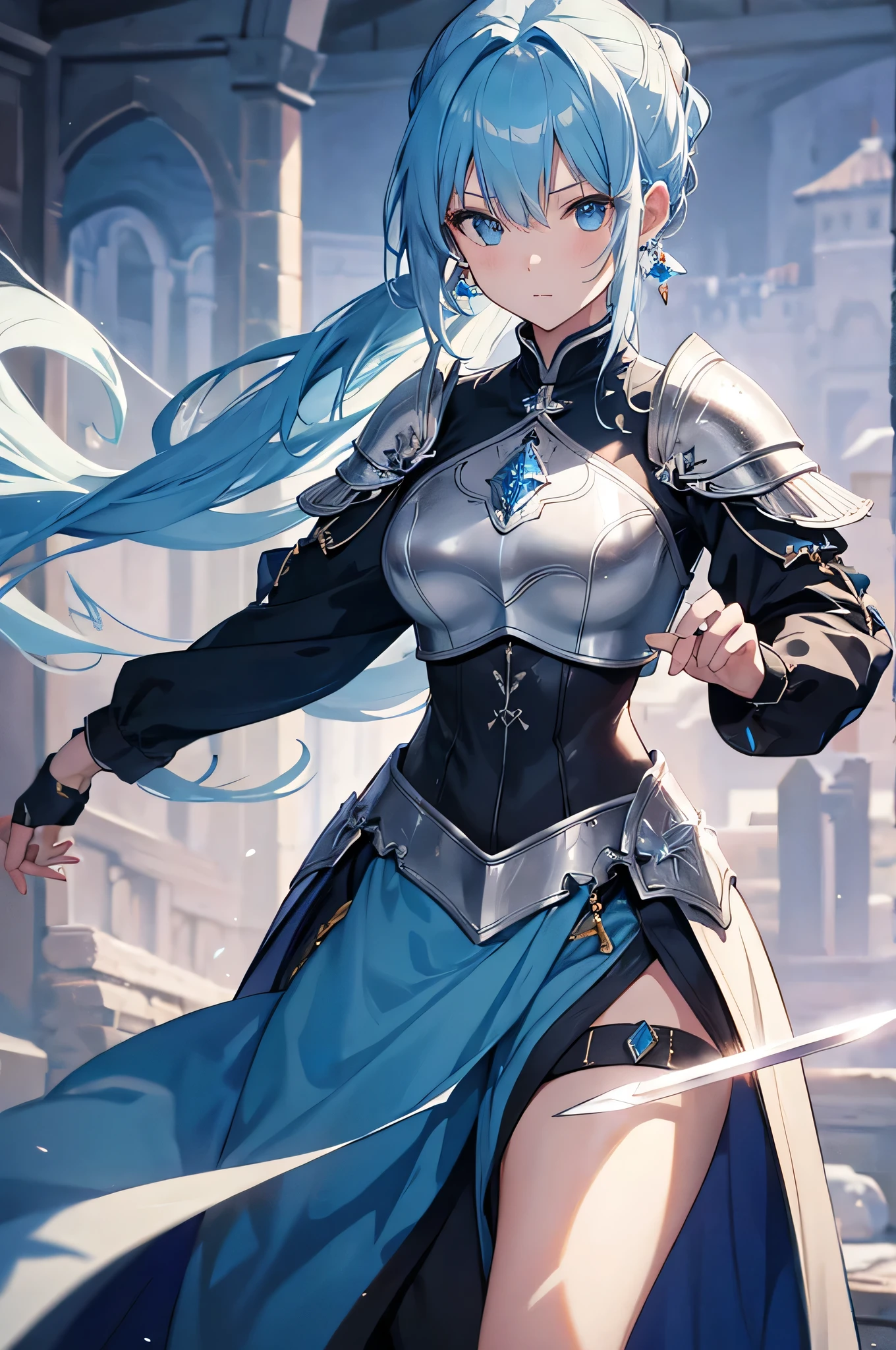 4k,High resolution,One Woman,Light blue hair,Long Ponytail,knight,Crystal Armor,knight&#39;s shoes,Jewelry decoration,Long sword,Medieval castle town