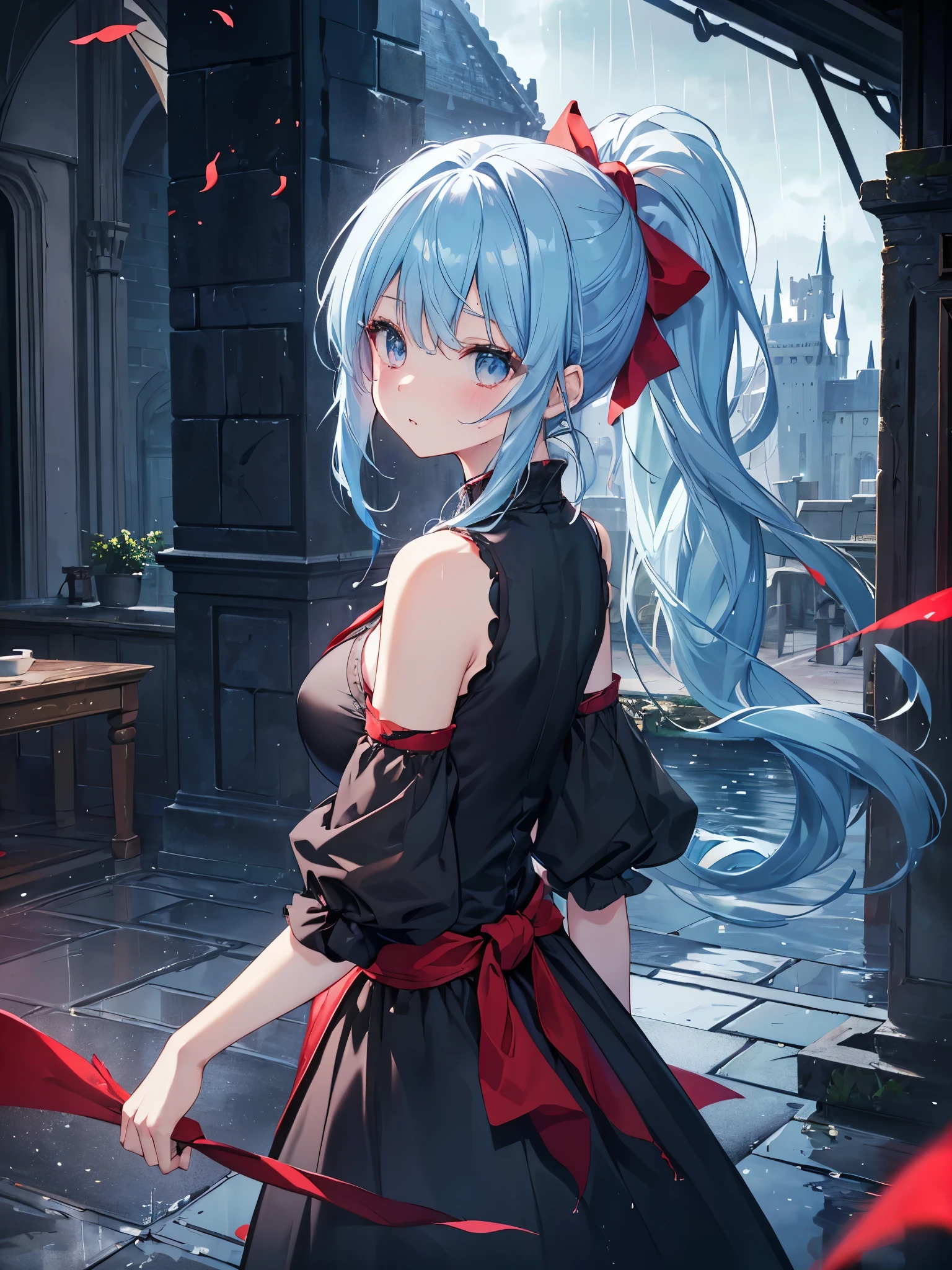 最high quality、best image quality、masterpiece、girl((20-year-old、 By becoming、vest bust、medium bust,wide open breast tea、Shining eyes, light blue hair、long hair、thin,highest valley、ponytail、action of looking up、bandage、black dress、long skirt、back view、emphasize the buttocks,surprised face、mid-waist)),high quality、beautiful art、background((Gorgeous castle、red rain falls))、flight、debris flies、Depth of written boundary、movie、visual art、perfect art、8K,genuine、