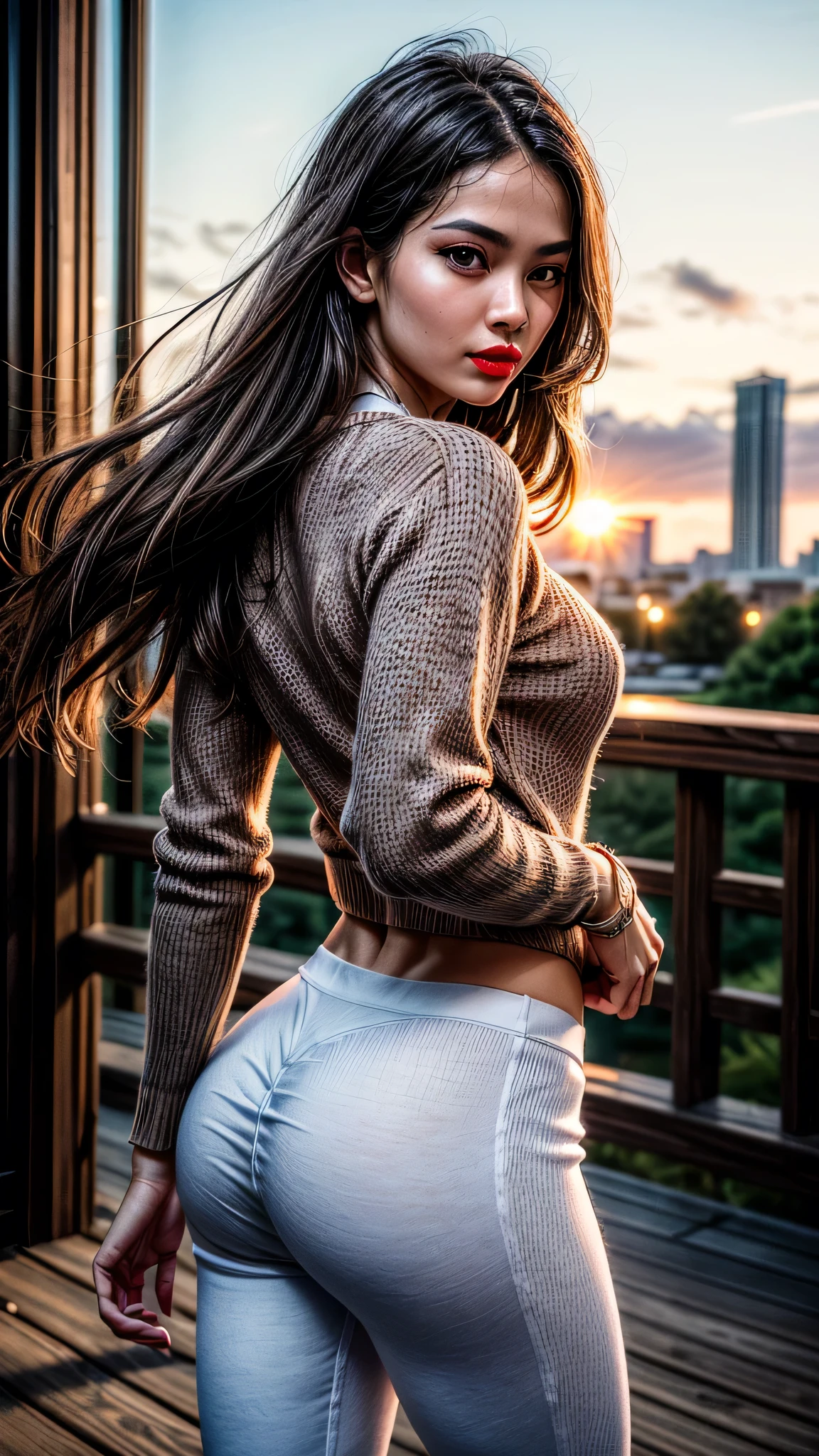 ((best quality: 1.5)) ((masterpiece)), intricate details, sharp focus, professional, ((detailed (((babe, ([flat chest:medium breasts:0.6], (soft pink jumper, white yoga pants, Asian)), blackout eye makeup: 0.8), straight hair [dark hair:blond hair:0.7], blowing, wind, sultry, shadows, red lipstick, outdoors, faraway city park, bokeh, sunset)), professional lighting, photon mapping, radiosity, physically based rendering, ultra resolution, hyper-realistic)), photorealistic:1.4, hyper-realistic, 8K
