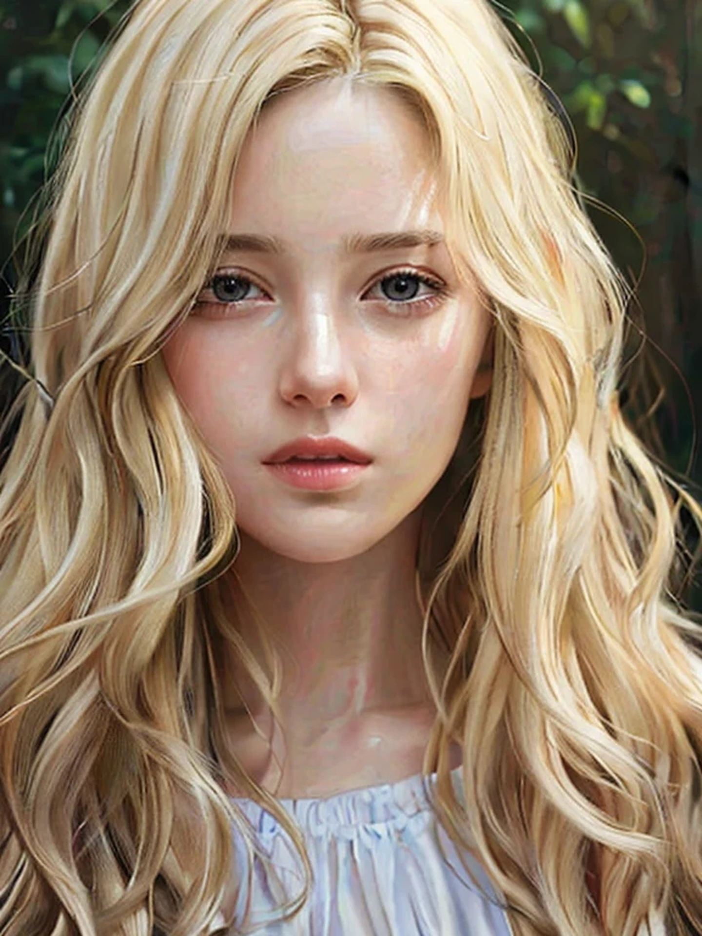 Close-up head, To the camera, Realistic digital painting of a woman portrait, Shy, open mouth to say something, sad, (Wavy medium Hair:1.1), (Soft silky Blonde Hair:1.3), (Highly detailed skin:1.2), Mystical style, Global Illumination,