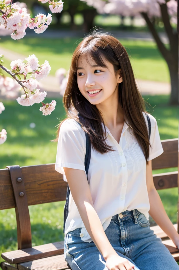 masutepiece, Best Quality, Illustration, Ultra-detailed, finely detail, hight resolution, 8K Wallpaper, Perfect dynamic composition, Beautiful detailed eyes, Natural Lip,a beauty girl、In the bright and refreshing spring sunshine、Imagine a female college student walking around campus.。.。.。She、She is wearing jeans and a white lace blouse.。the hair flutters with the wind、People around you smile々He is depicted having a conversation with.。The cherry blossoms on campus are in full bloom、Green tree on background々々々There is a bench where students can gather...。She is carrying a colorful backpack.、he has a notebook and a pencil in his hands.。Her figure is、Expressing the image of a typical female college student enjoying learning and free time., Wearing a thin white shirt with short sleeves、one shirt button is missing and there is a mole near chest and I can see it.。