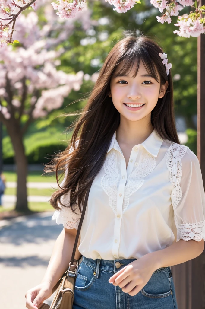 masutepiece, Best Quality, Illustration, Ultra-detailed, finely detail, hight resolution, 8K Wallpaper, Perfect dynamic composition, Beautiful detailed eyes, Natural Lip,a beauty girl、In the bright and refreshing spring sunshine、Imagine a female college student walking around campus.。.。.。She、She is wearing jeans and a white lace blouse.。the hair flutters with the wind、People around you smile々He is depicted having a conversation with.。The cherry blossoms on campus are in full bloom、Green tree on background々々々There is a bench where students can gather...。She is carrying a colorful backpack.、he has a notebook and a pencil in his hands.。Her figure is、Expressing the image of a typical female college student enjoying learning and free time., Wearing a thin white shirt with short sleeves、one shirt button is missing and there is a mole near chest and I can see it.。