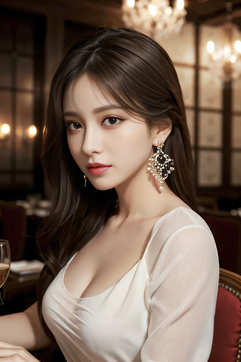 masterpiece, highest quality, Realistic, Very detailed, Finer details, High resolution, 8k wallpaper, One beautiful woman, Wear an elegant black see-through blouse, In a great restaurant, At night, Light brown messy hair, Perfect dynamic composition, Beautiful and beautiful eyes、Big earrings、No sleeve、