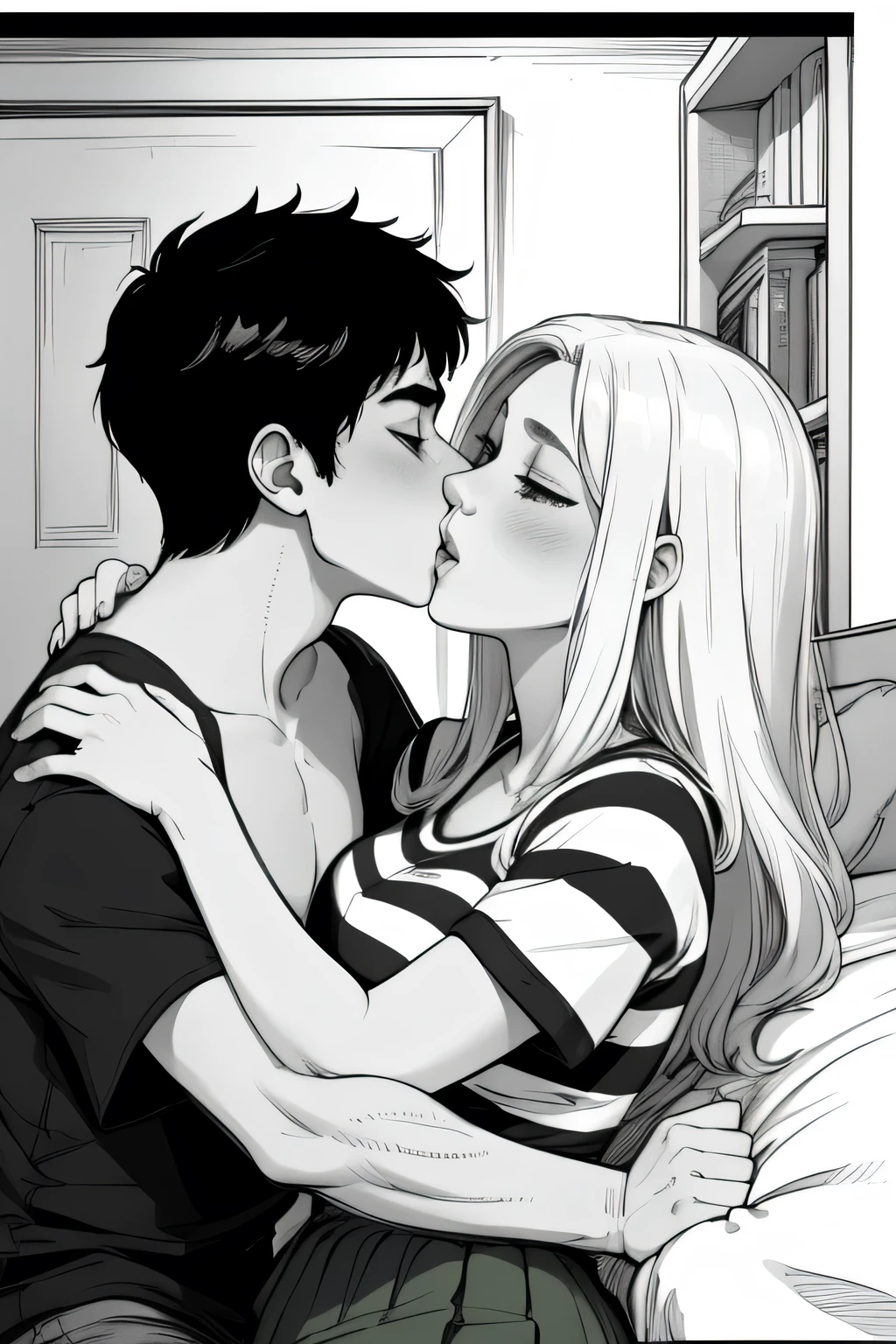Amazing portrait of a sexy and woman wearing a black and white striped t shirt and a dark green skirt kissing and making out passionately with a shirtless boy on the bed in an intimate setting