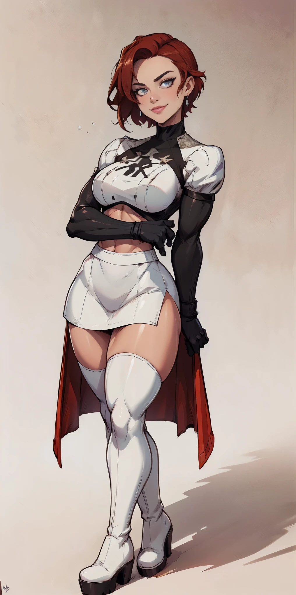 (((1 girl))) short hair, earings ,glossy lips ,team rocket uniform, red letter R, white skirt, white crop top, black thigh-high boots, black elbow gloves, evil smile, looking at viewer, cowboy shot, arms crossed, full body photo Mercedes von Martritz (Fire Emblem: Three Houses)
