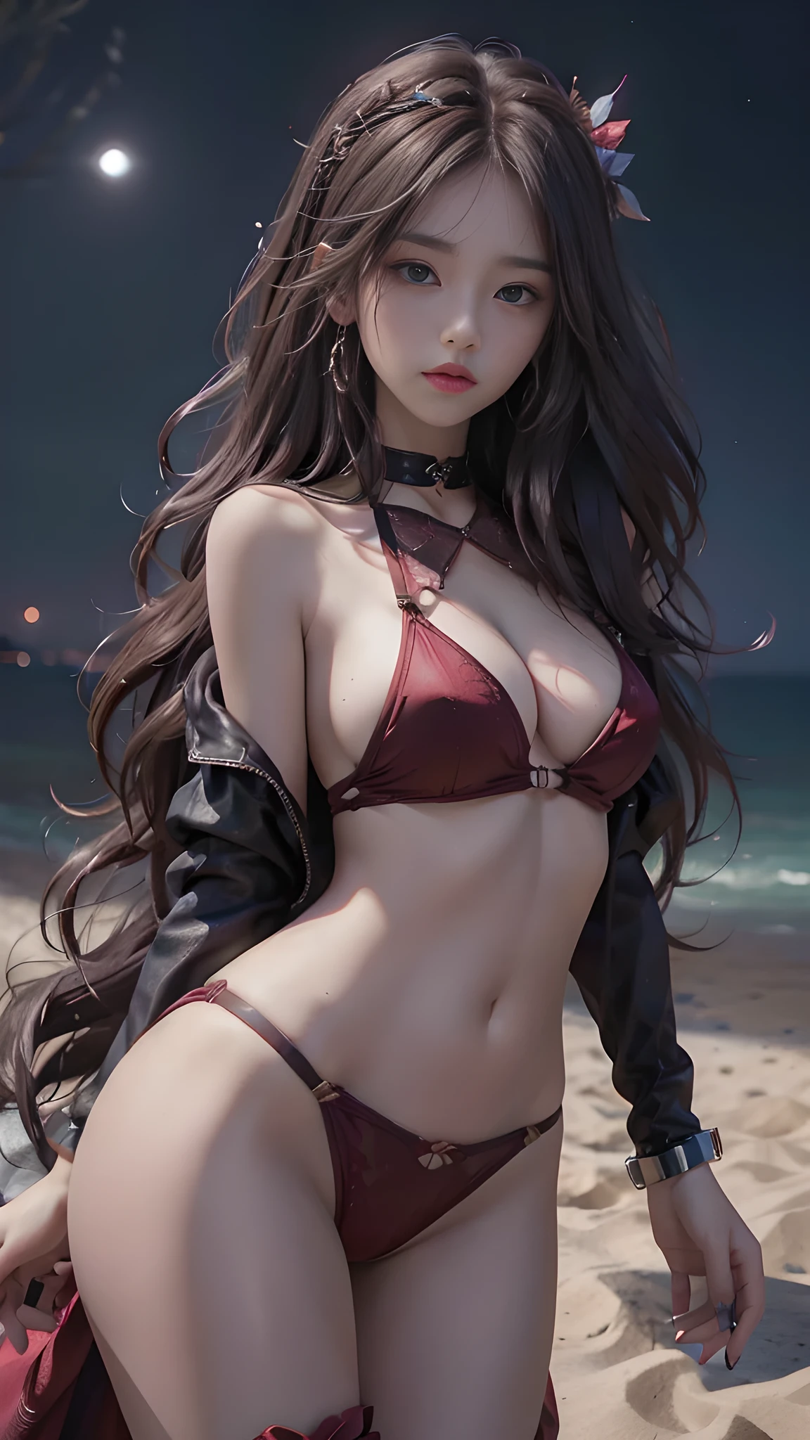 full hd 8k, Girl standing in front of a dark night scene, full moonlight reflecting on her beautiful face. Her long, silky hair was gently blown by the night wind, creating a gentle and romantic feeling. She is walking on a large beach. She looked up at the starry sky, as if searching for something, her eyes showing a pensive and lonely look. The full moon shines in the night sky creating a beautiful scene. The girl has long, silky hair, creating a luxurious and noble beauty. The moonlight shines on the girl's delicate face, highlighting her large, round light brown eyes, creating a natural, gentle beauty. She wore a little sexly red bikini to create a sexy beauty. Her plumble breasts were exposed, revealing her plumble and extremely sexy breasts. These images capture detailed panoramic portraits and views of the sky and sea. All create a beautiful, wonderful picture that makes people unable to take their eyes off the scene. All of these details are depicted clearly and sharply, creating sexyly poses,