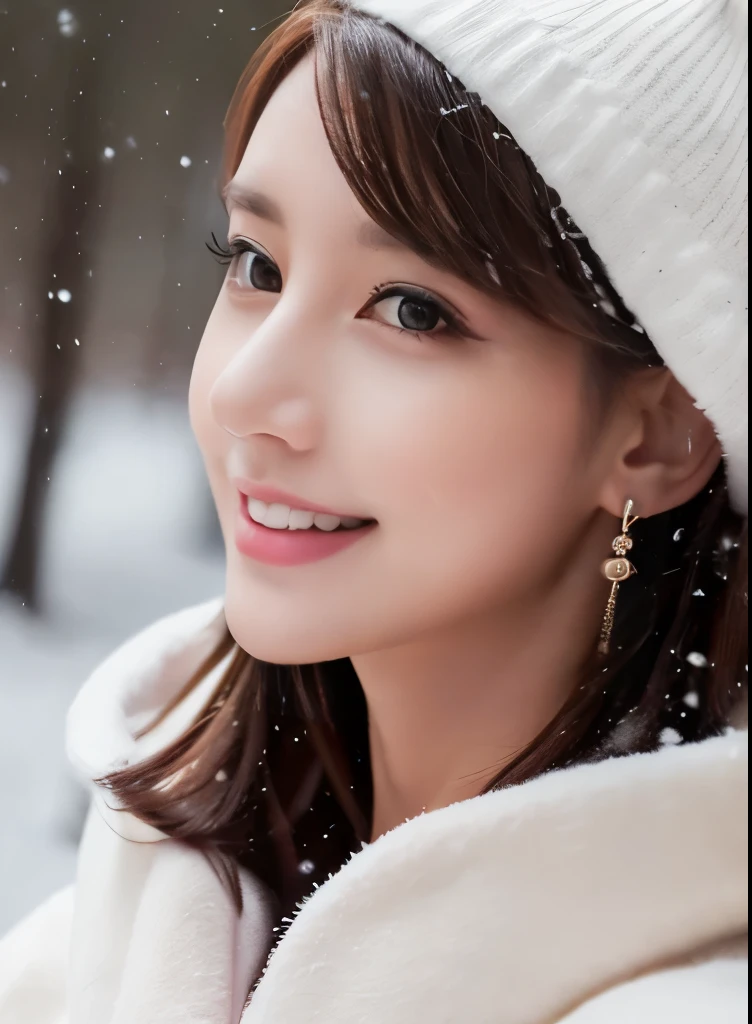 1girl in, (Wearing a white coat:1.2), (Raw photo, Best Quality), (Realistic, Photorealsitic:1.4), master piece, close up,Extremely delicate and beautiful, Extremely detailed, 2k wallpaper, amazing,((white sweater)) ,finely detail, the Extremely Detailed CG Unity 8K Wallpapers, Ultra-detailed, hight resolution, Soft light, Beautiful detailed girl, extremely detailed eye and face, beautiful detailed nose, Beautiful detailed eyes, Cinematic lighting, Winter Night View, illuminations, Perfect Anatomy, Slender body, ((soft smiling)),((winter, in forest, woods)), snowfall,