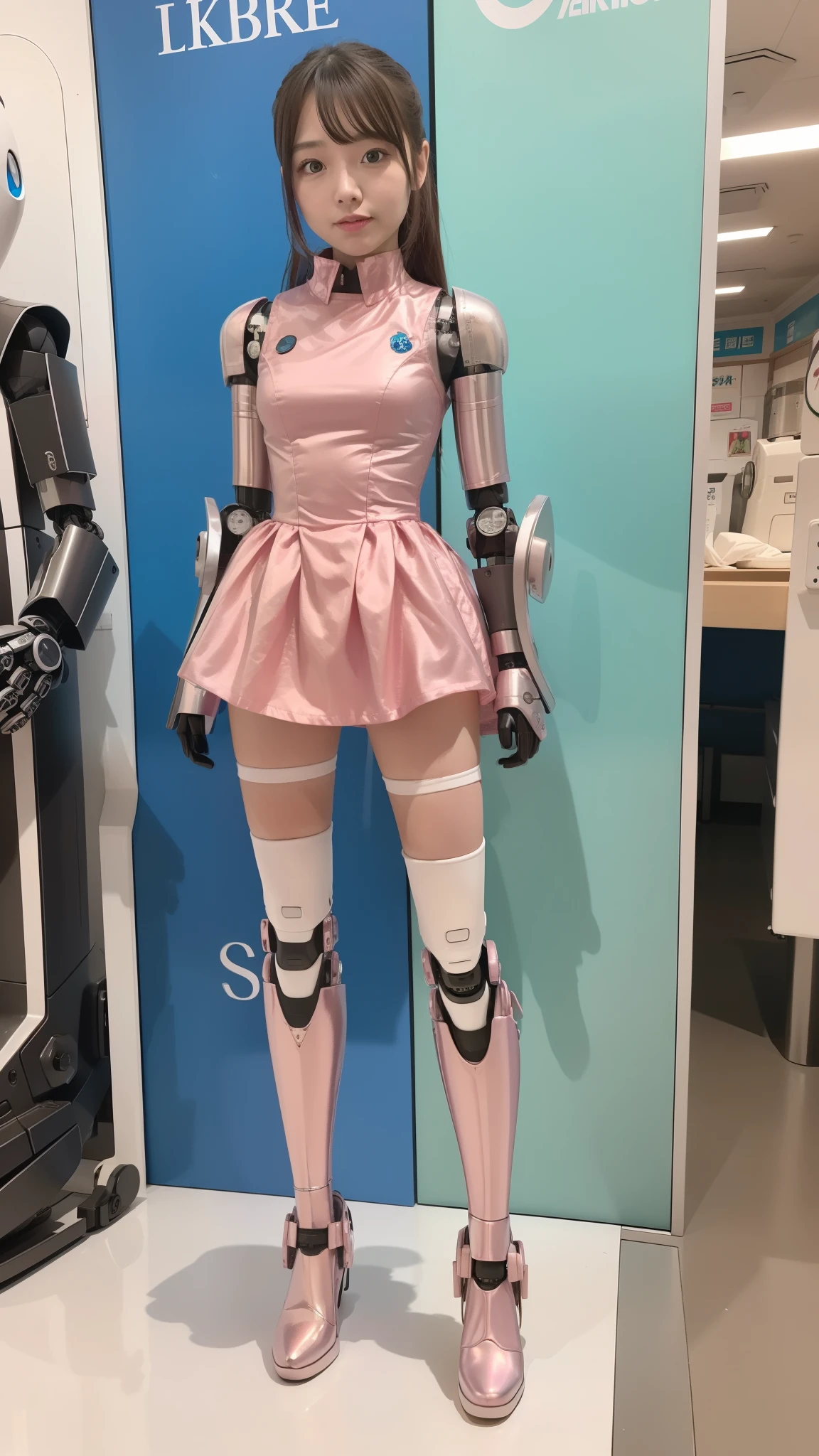Robot Girl, pink there, Silver, Metallic body, Robot Parts, Metal Parts, Super Detailed Face, Super well-formed face, of the highest quality, a small face, a small head, Brown hair, Slender body, Camera gaze, Internal Mechanical Exposure, Idol, front facing, Well-proportioned body, sale, Exhibited, Event Hall, Moe Pose, pink metallic ta dress machine armor, Standing with legs open, Model body type, sad, Embarrassing,(Perfect Robot Girl),(Perfect machine body)