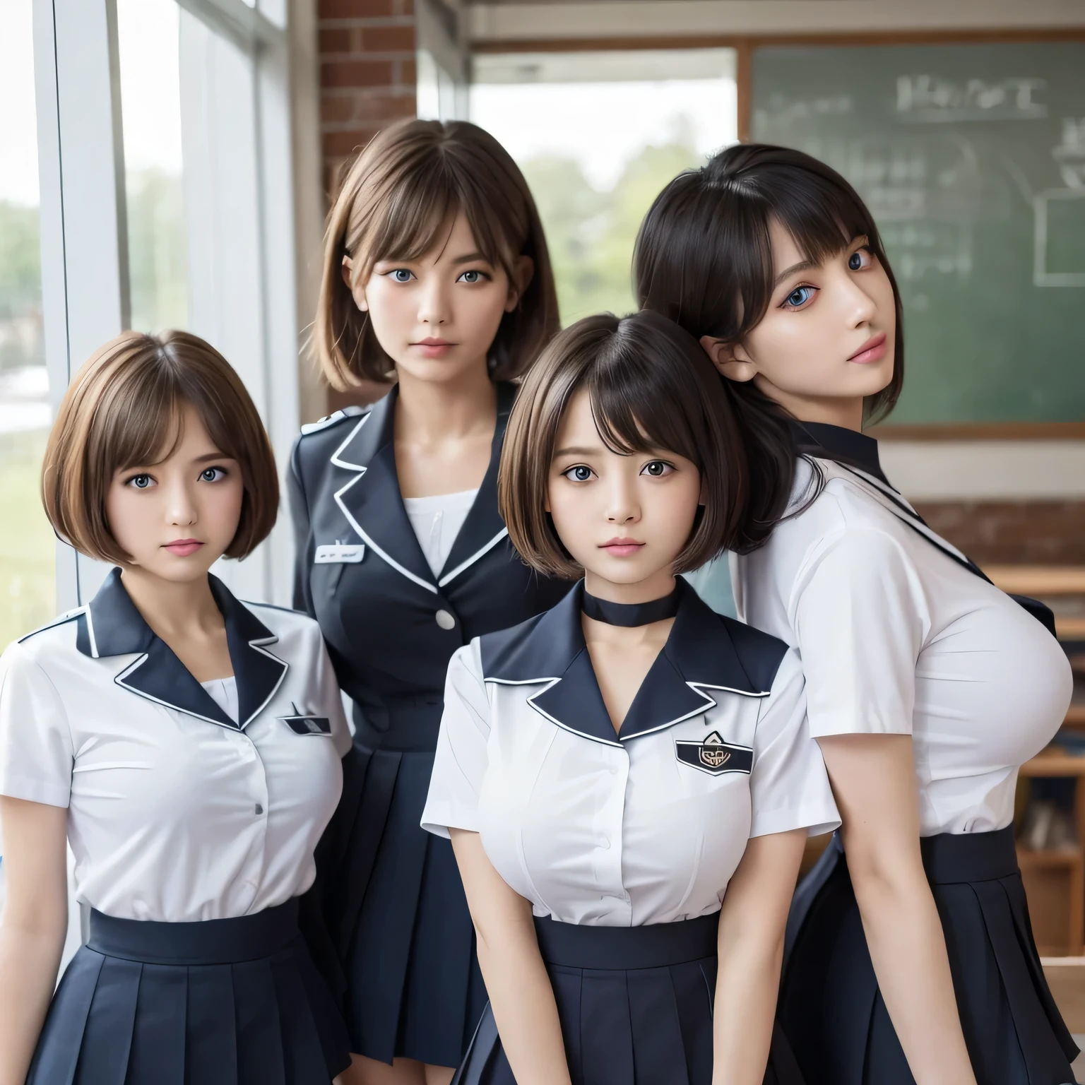 Group photo、((Layered Haircut、Big Boobs:1.2)),（8k，highest quality），Full Body Shot，Winching from a distance，Shots from a distance，School classroom，student，class，During class，Uniform shirt、Wear a JK skirt，Full body photo:1.9， Android， Adorable， smile， Thin face， Short fine brown hair， 32k, masterpiece， Best image quality，超A high resolution，Perfect hands，Looking_in_peeping in the viewer，Black choker、Blue Eyes、bangs、Very many and very long eyelashes、Girls' Uniforms、Girls&#39; School、Listening to class