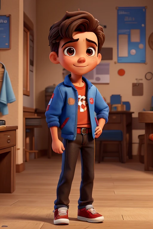 Pedro is a boy of approximately 12 years old, alto e esguio, with a confident and energetic posture. He has messy brown hair that falls over his forehead and expressive brown eyes.. He wears a bright red jacket with a science emblem on the chest., blue jeans and black sneakers. He has his hands in his pockets and a determined smile on his face..