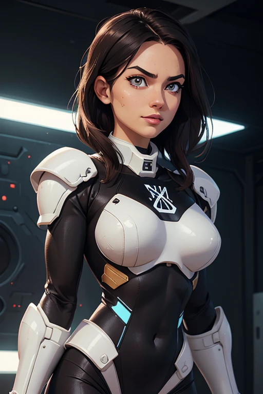 (upper body), (realistic, [anime]), (3d:0.3), dramatic lighting, ((masterpiece)),(quality),(highres), tall Lady Voidstar, [[covered abs]], ((x-ray power armor|lined bodysuit|white power armor) mechanical arms), long black hair undercut, [evil smile], small breasts, covered navel, eyeliner, eyelashes, perfect face, beautiful nose, detailed pupil, beautiful eyes, detailed eyes, brown eyes, perfect lips, a-pose on monitor, simple background, [boku no hero academia], (zet:1) ,  