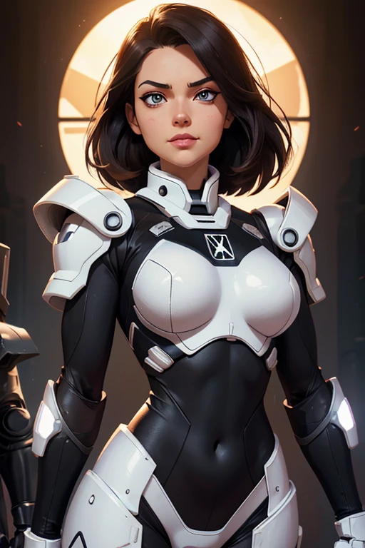(upper body), (realistic, [anime]), (3d:0.3), dramatic lighting, ((masterpiece)),(quality),(highres), tall Lady Voidstar, [[covered abs]], ((x-ray power armor|lined bodysuit|white power armor) mechanical arms), long black hair undercut, [evil smile], small breasts, covered navel, eyeliner, eyelashes, perfect face, beautiful nose, detailed pupil, beautiful eyes, detailed eyes, brown eyes, perfect lips, a-pose on monitor, simple background, [boku no hero academia], (zet:1) ,  