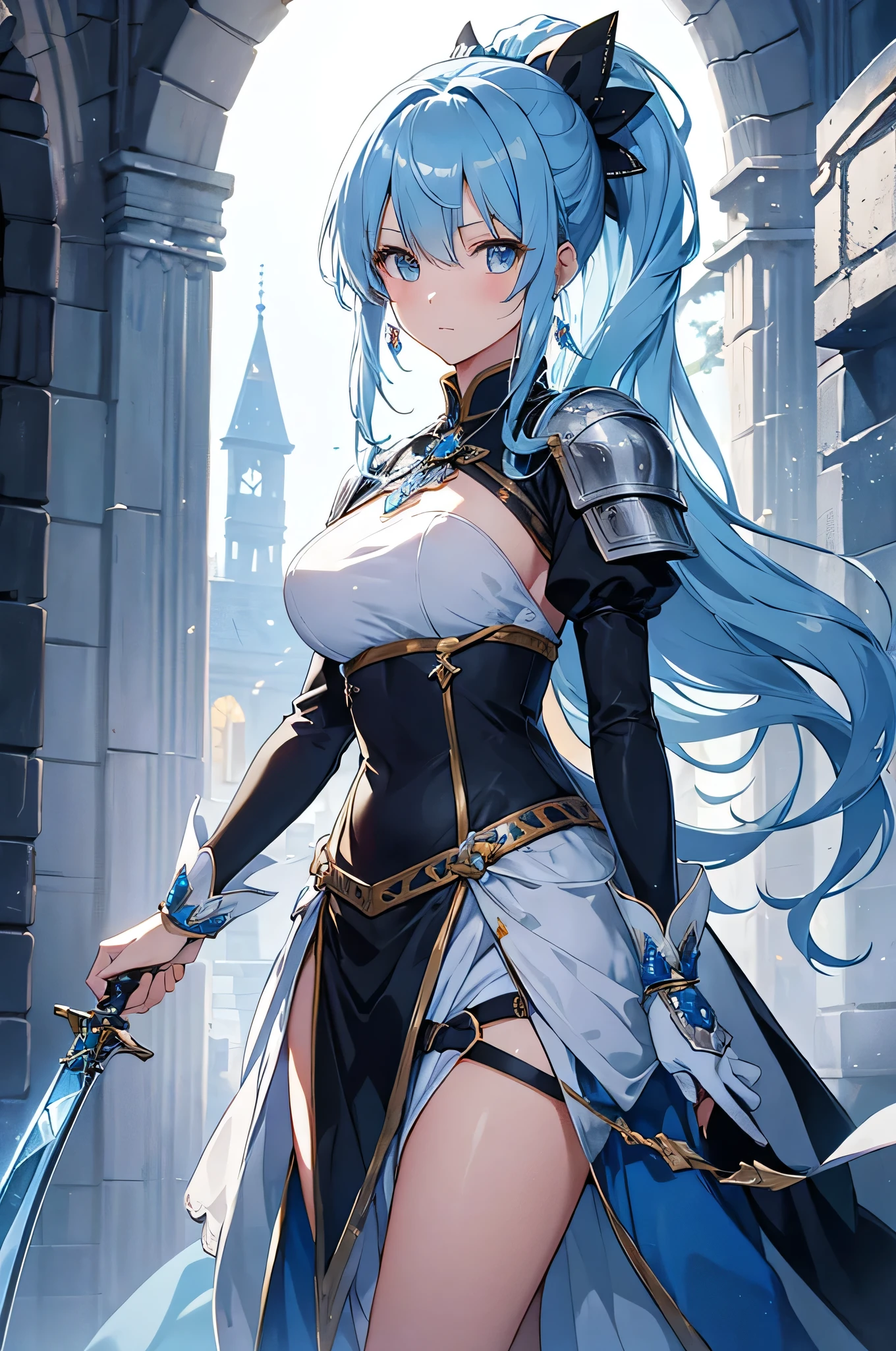 4k,High resolution,One Woman,Light blue hair,Long Ponytail,knight,Crystal Armor,knight's shoes,Jewelry decoration,Long sword,Medieval castle town