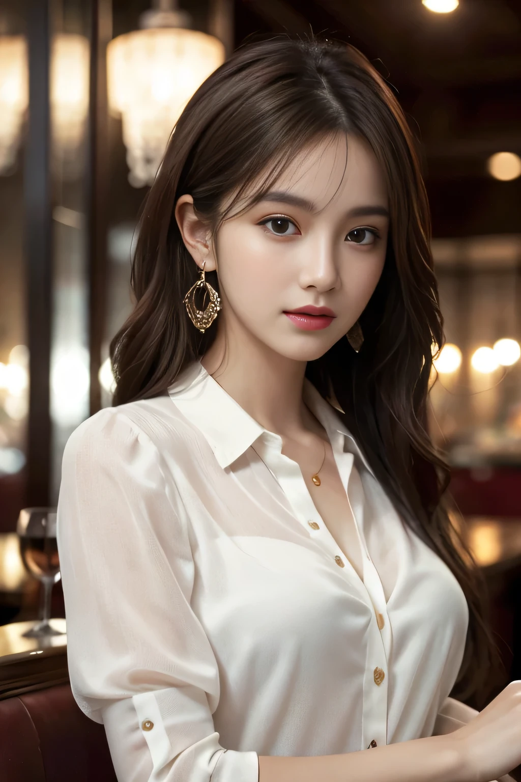 masterpiece, highest quality, Realistic, Very detailed, Finer details, High resolution, 8k wallpaper, One beautiful woman, Wear an elegant see-through blouse, In a great restaurant, At night, Light brown messy hair, Perfect dynamic composition, Beautiful and beautiful eyes、Big earrings